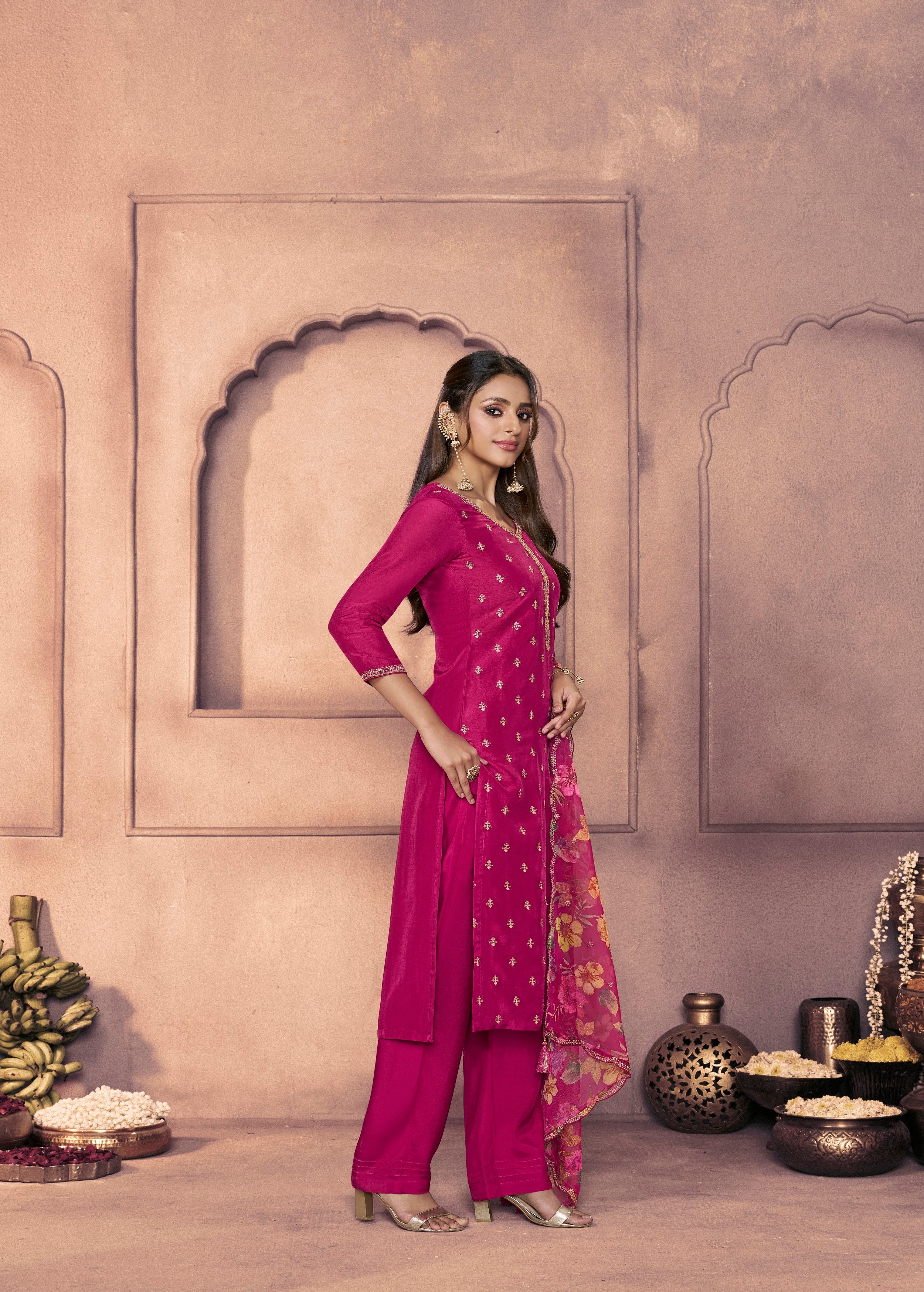 Rani Pink Embellished Dola Silk Pant Set