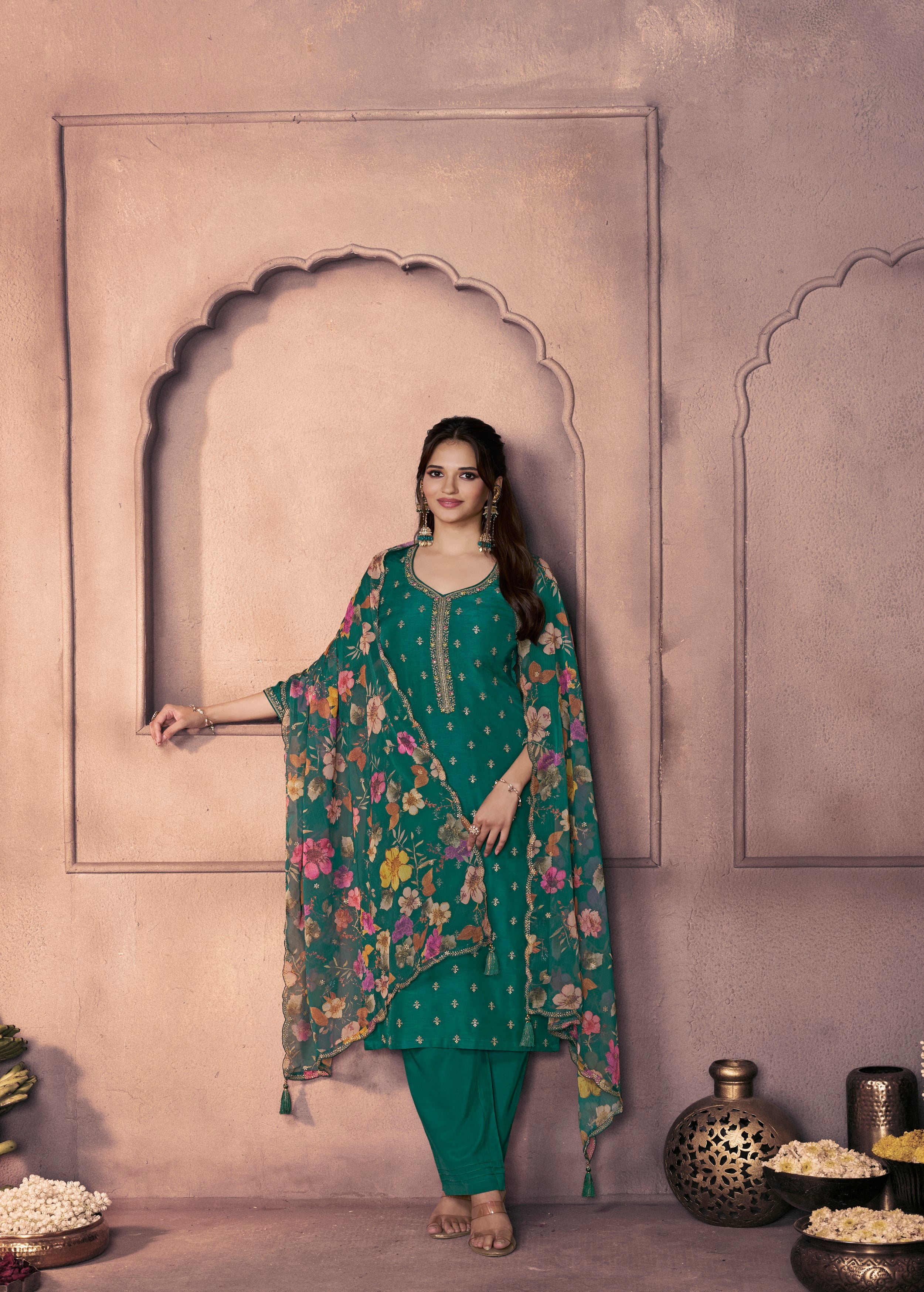 Emerald Green Embellished Dola Silk Pant Set