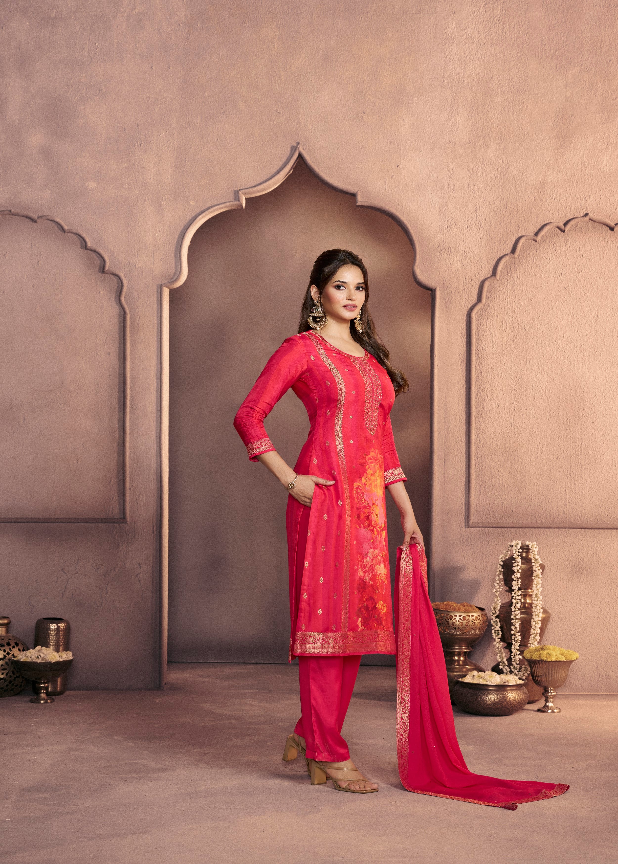 Fuchsia Pink Printed Dola Silk Pant Set