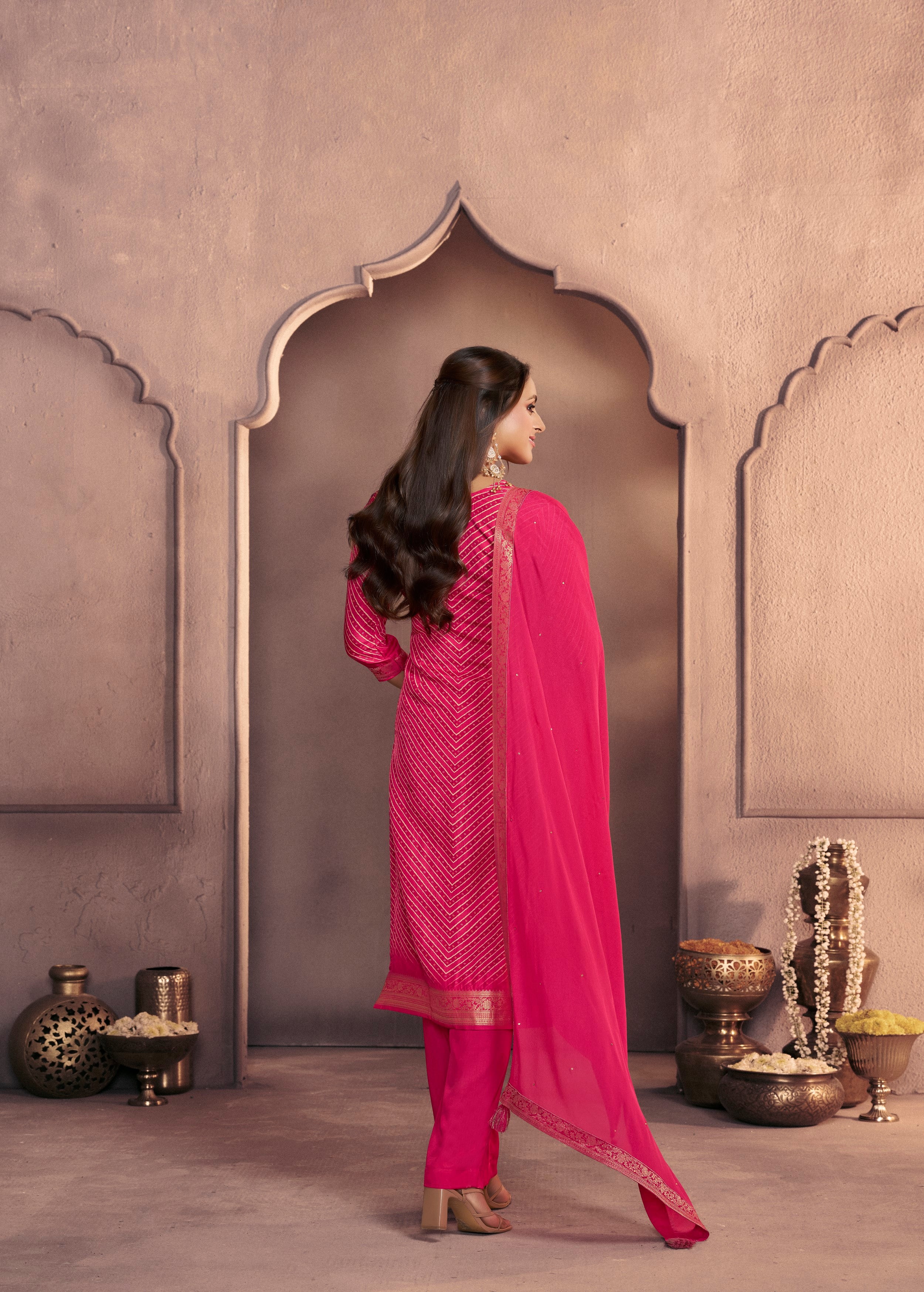 Vibrant Pink Printed Dola Silk Pant Set