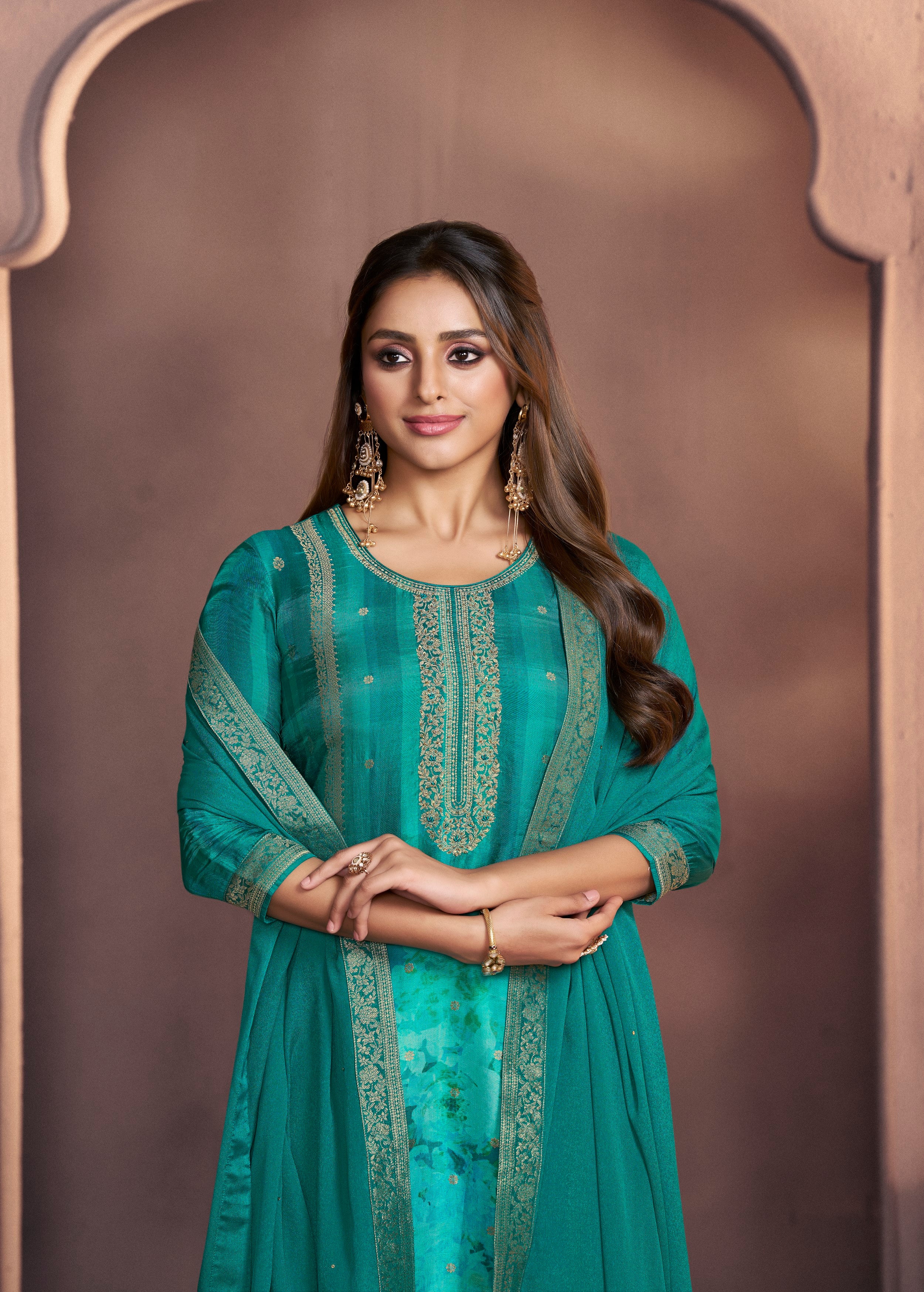 Peacock Green  Printed Dola Silk Pant Set