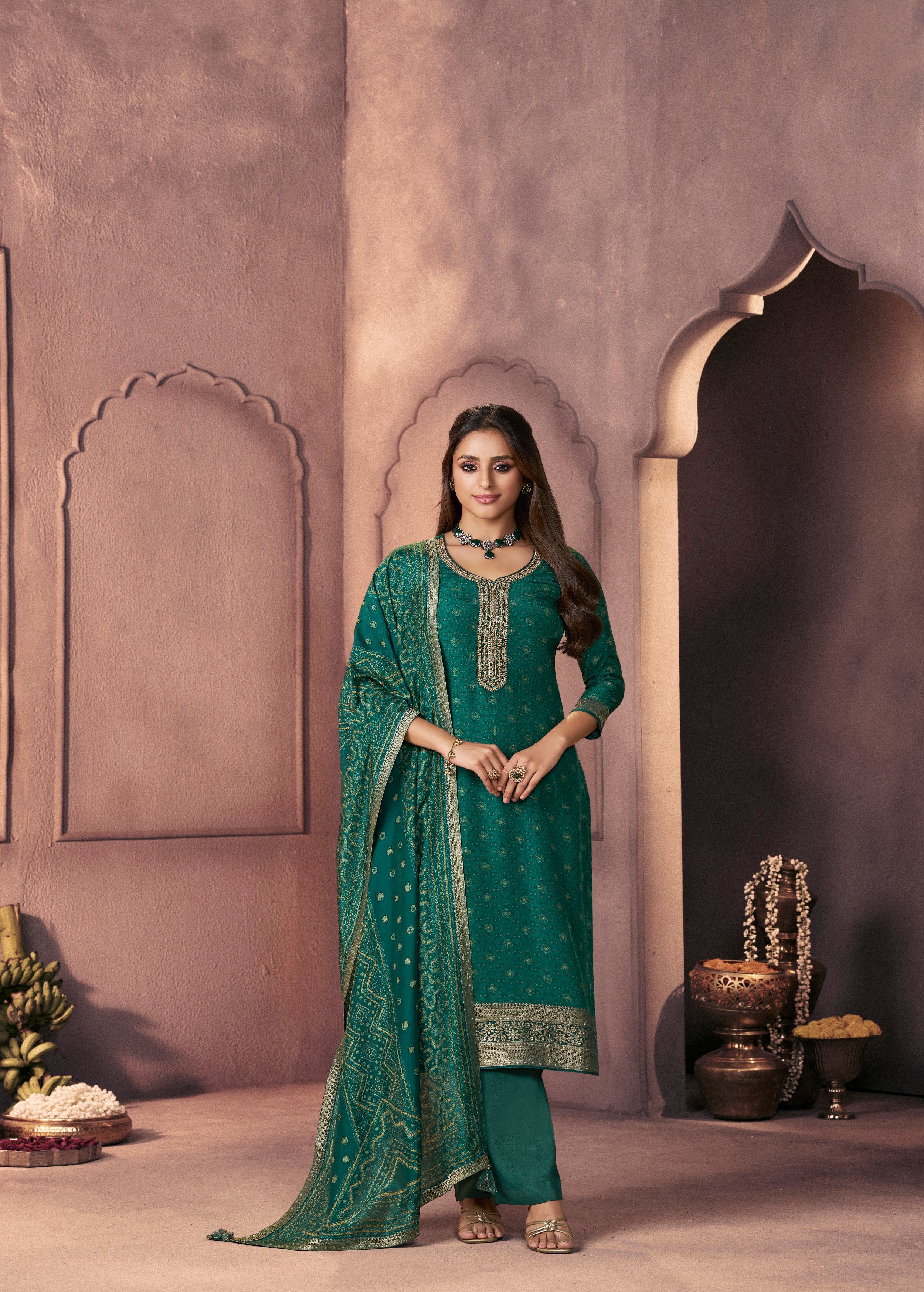 Leaf Green Printed Dola Silk Pant Set