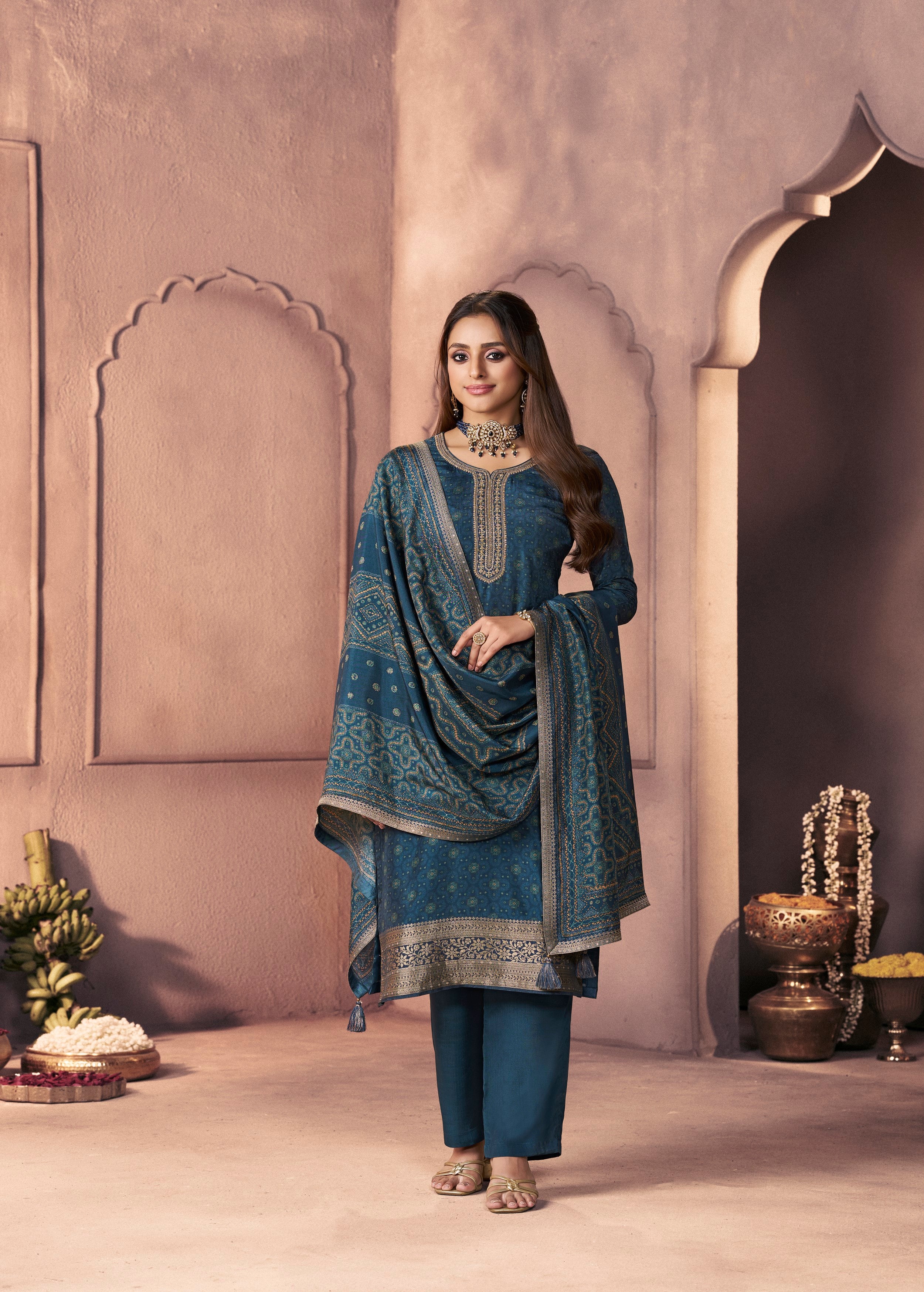 Deep Teal Printed Dola Silk Pant Set