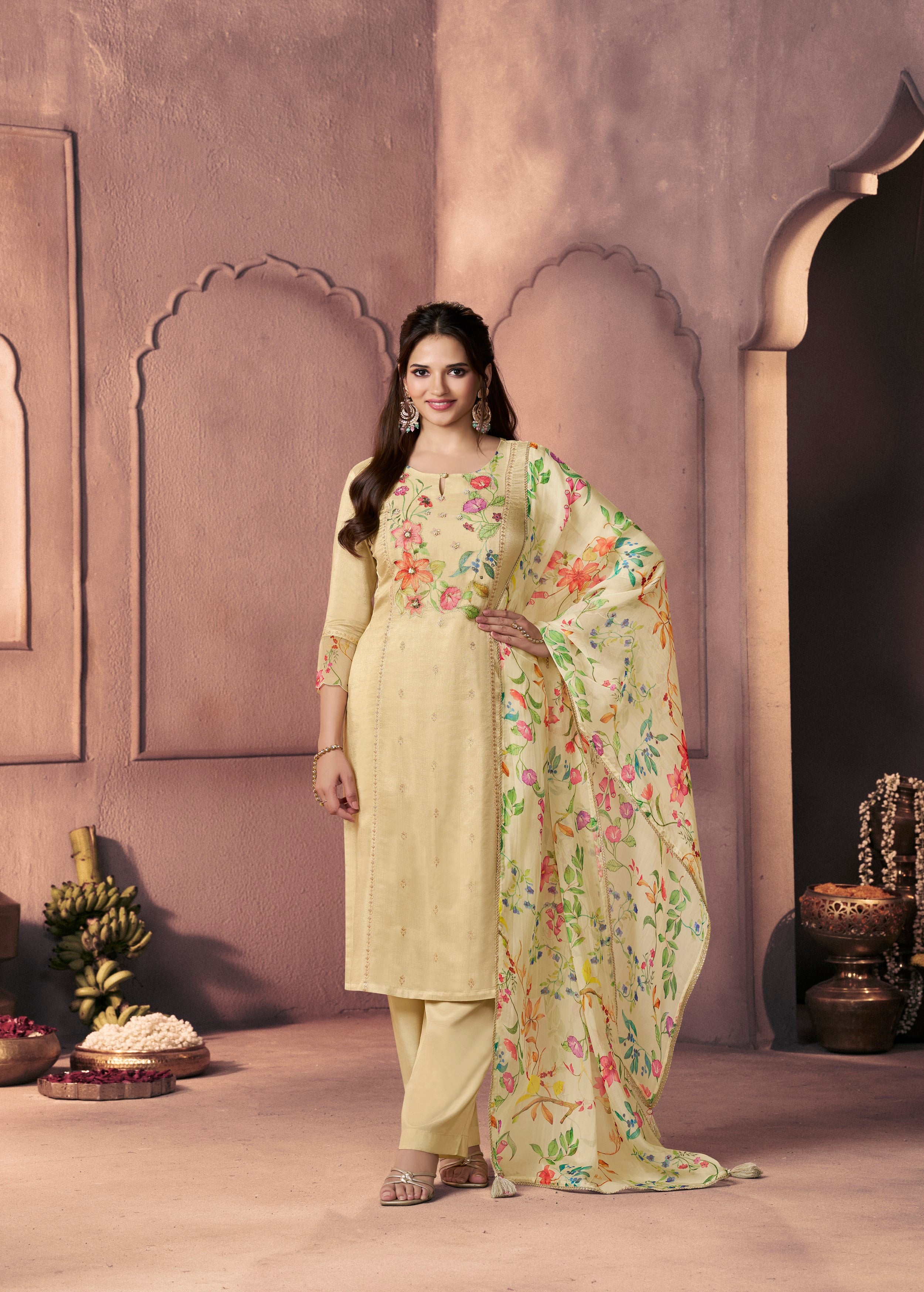 Light Beige Printed Dola Silk Pant Set