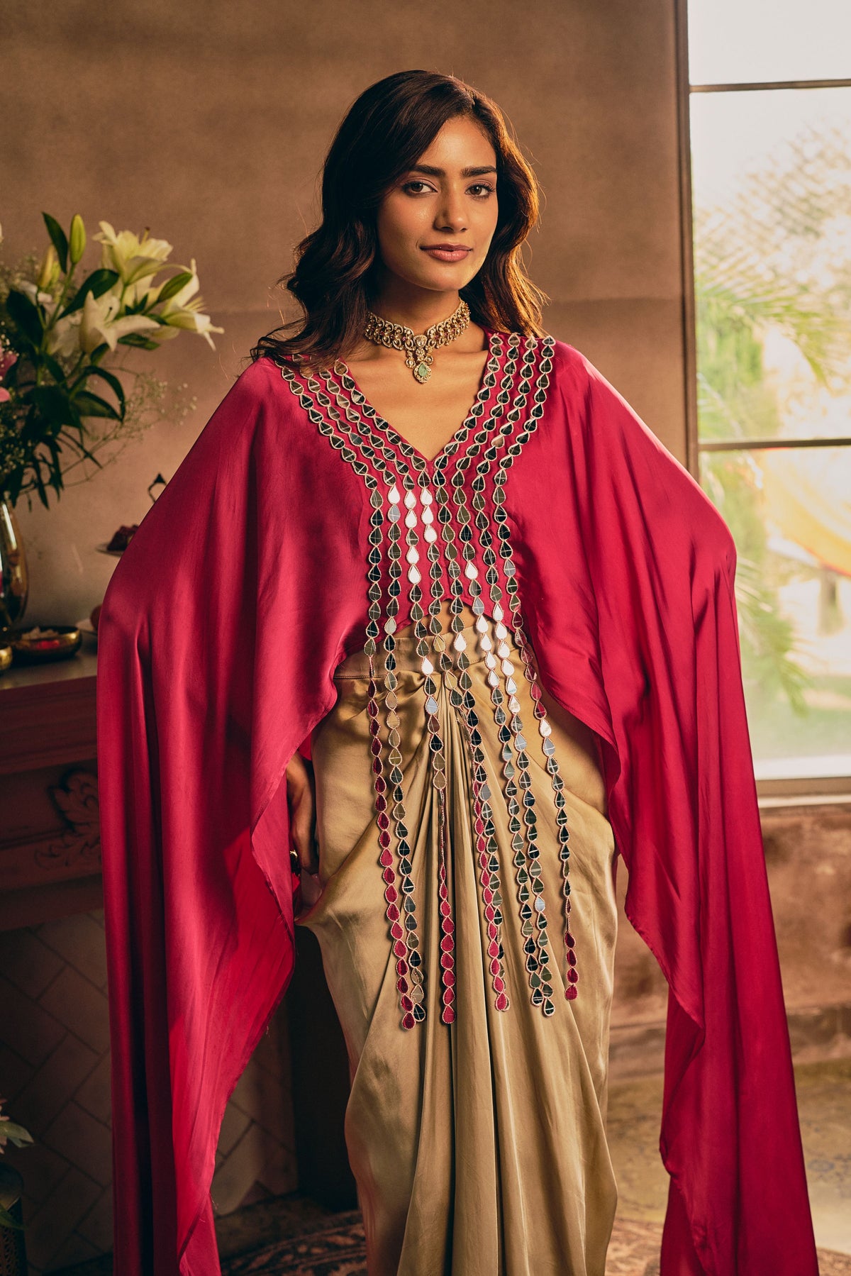 Bloom Pink Embellished Satin Silk Skirt Set