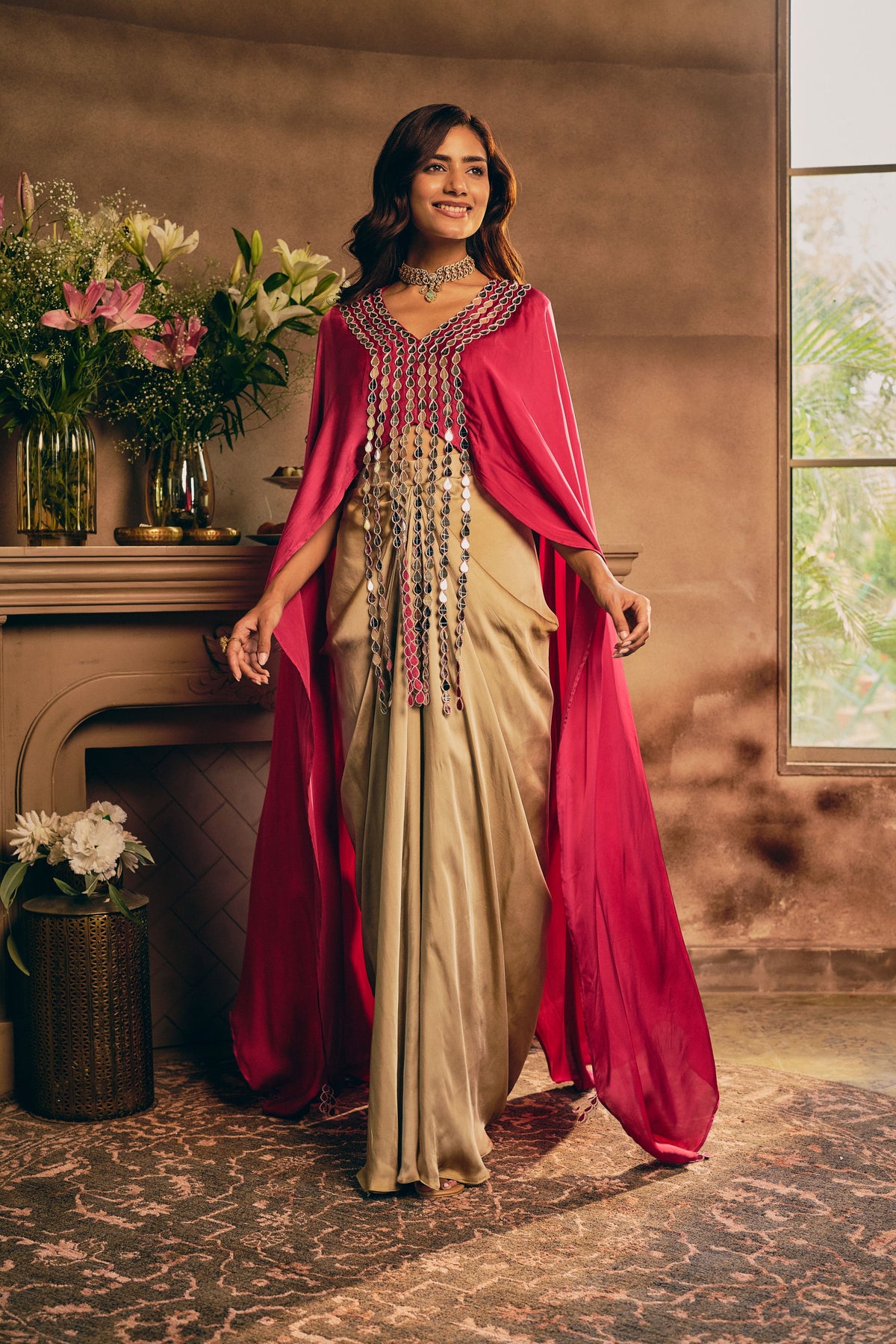 Bloom Pink Embellished Satin Silk Skirt Set