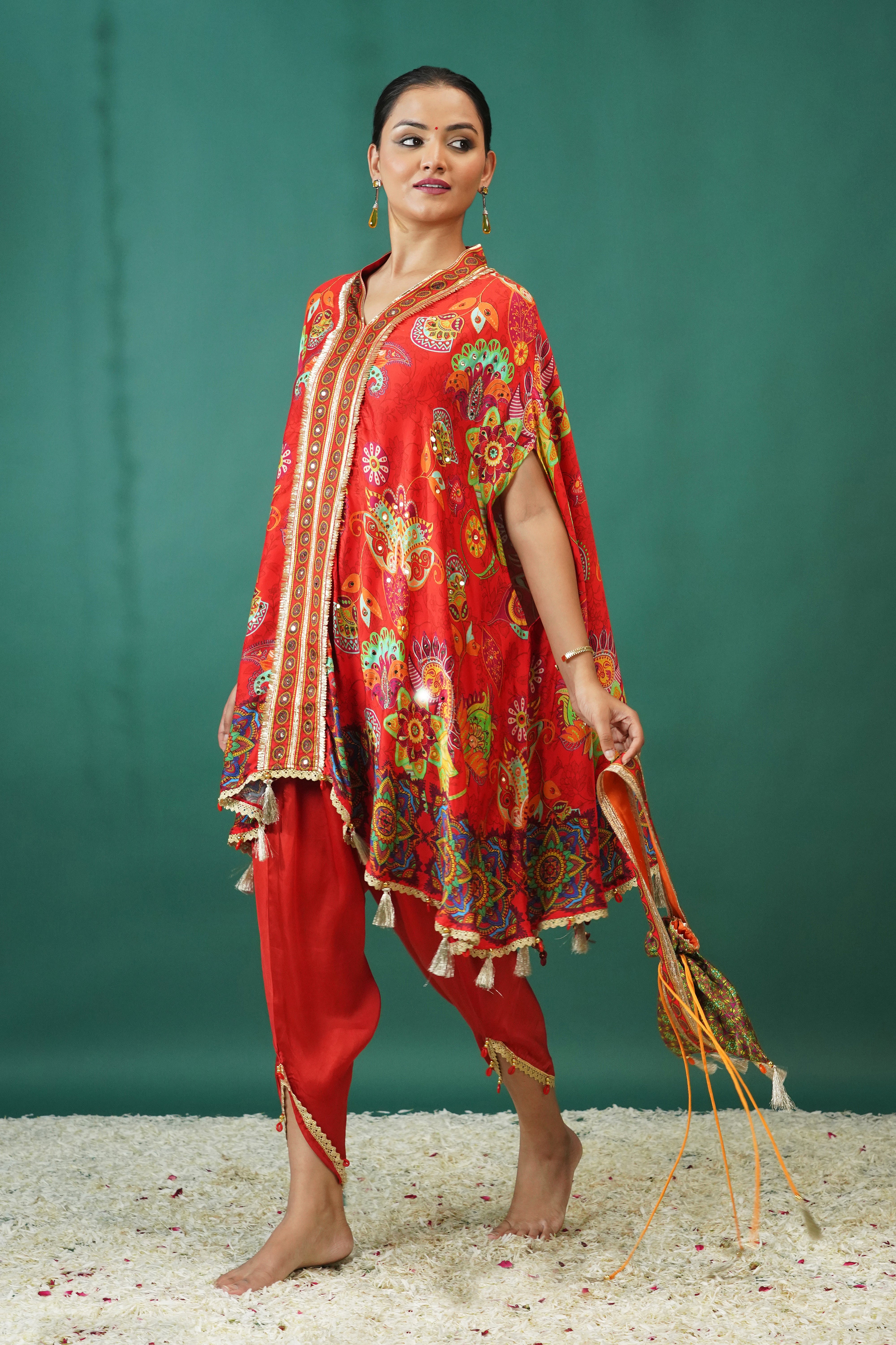 Red Floral Printed Crepe Silk Kaftan Set