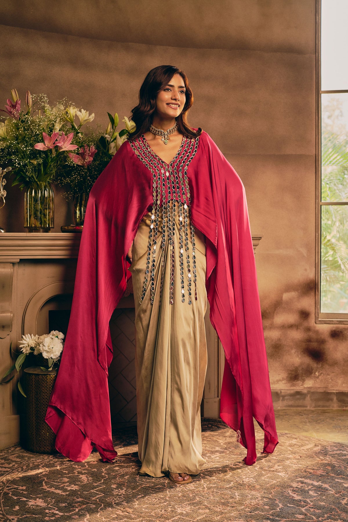 Bloom Pink Embellished Satin Silk Skirt Set