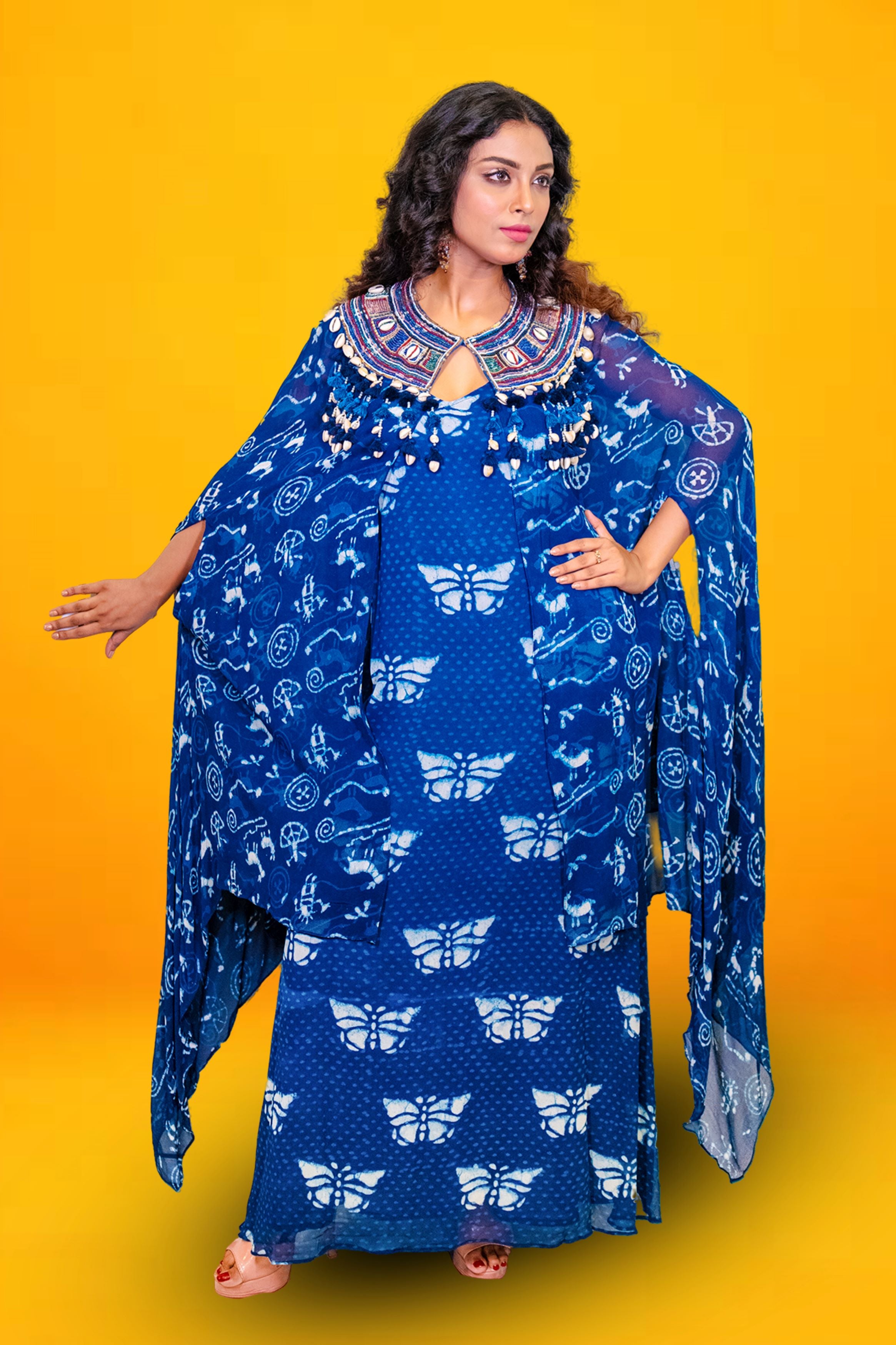 Blue Digital Printed Georgette Silk Cape Gown