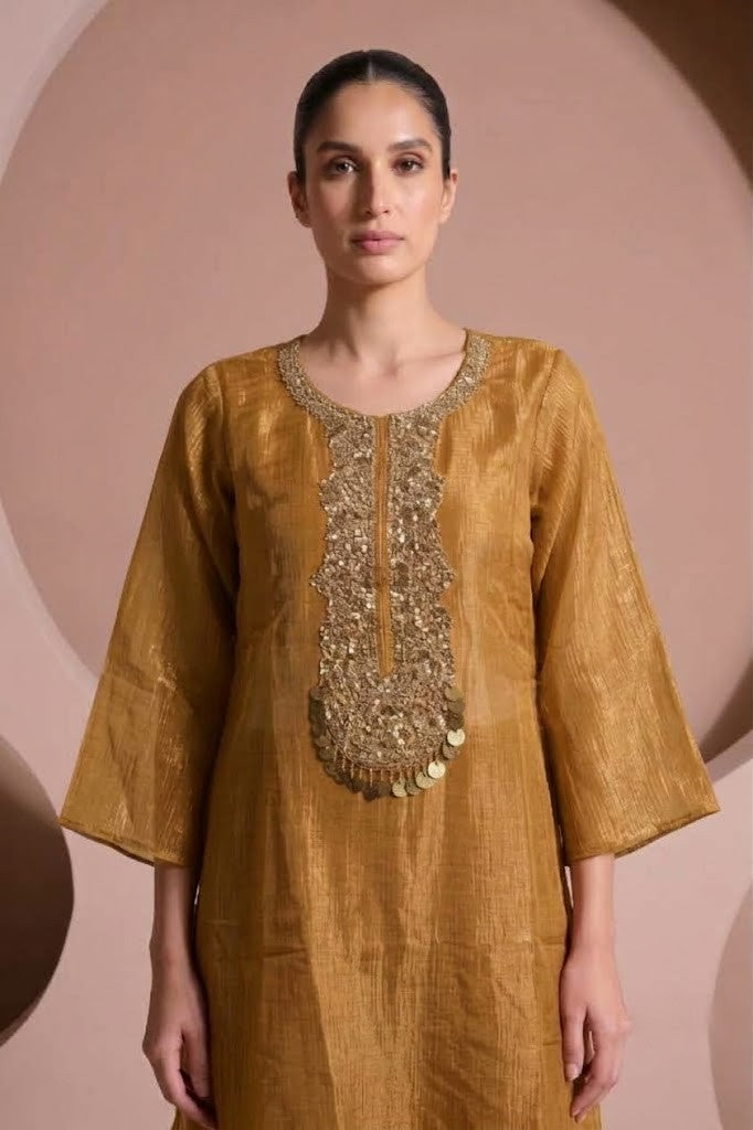 Mustard Yellow Embellished Shimmer Tissue Silk Co-Ord Set