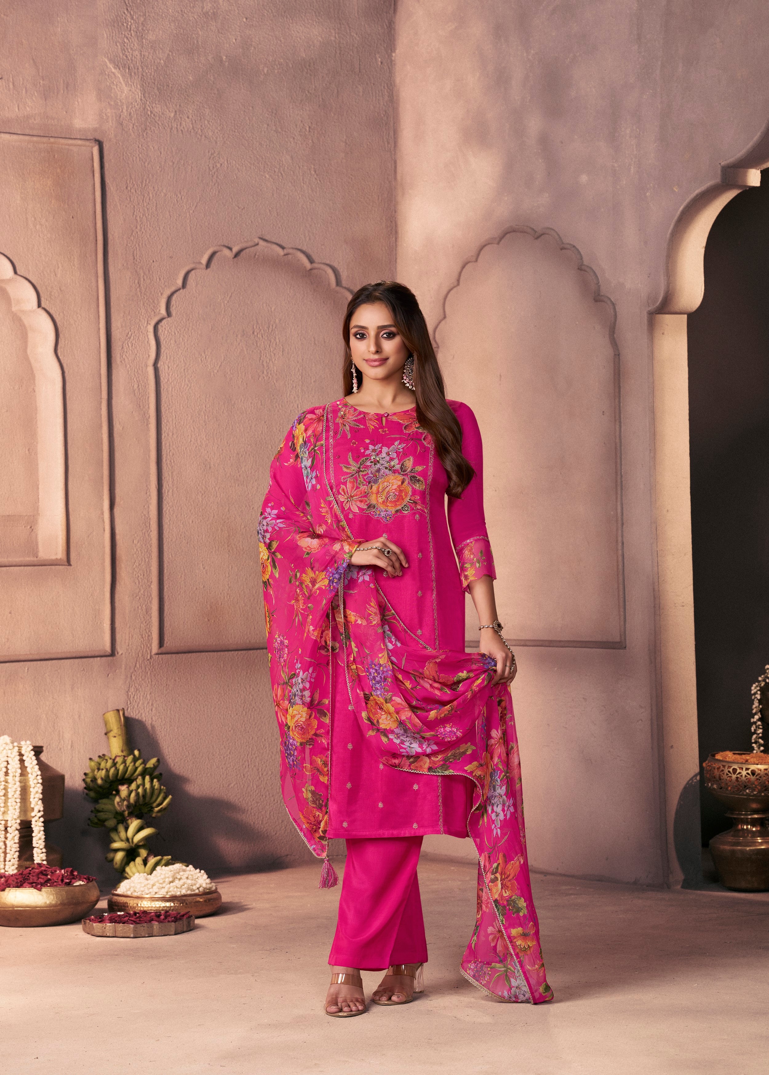 Ruby Pink Printed Dola Silk Pant Set