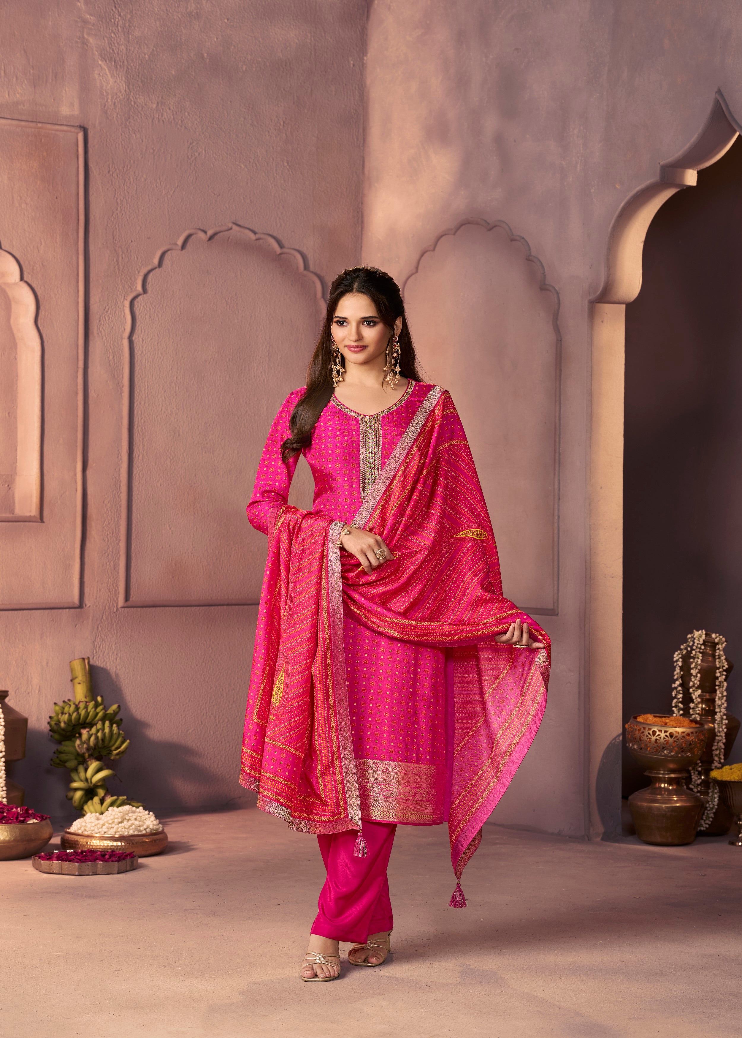 Classic Pink Printed Dola Silk Pant Set