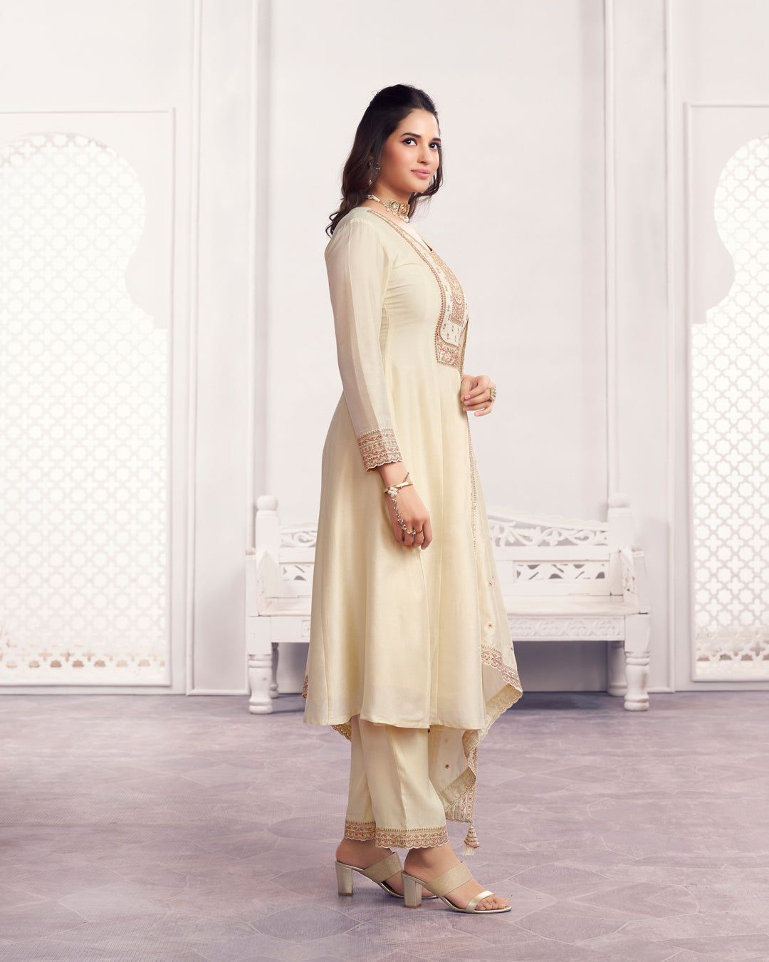 Ivory Gilded Embellished Vichitra Silk Anarkali Set