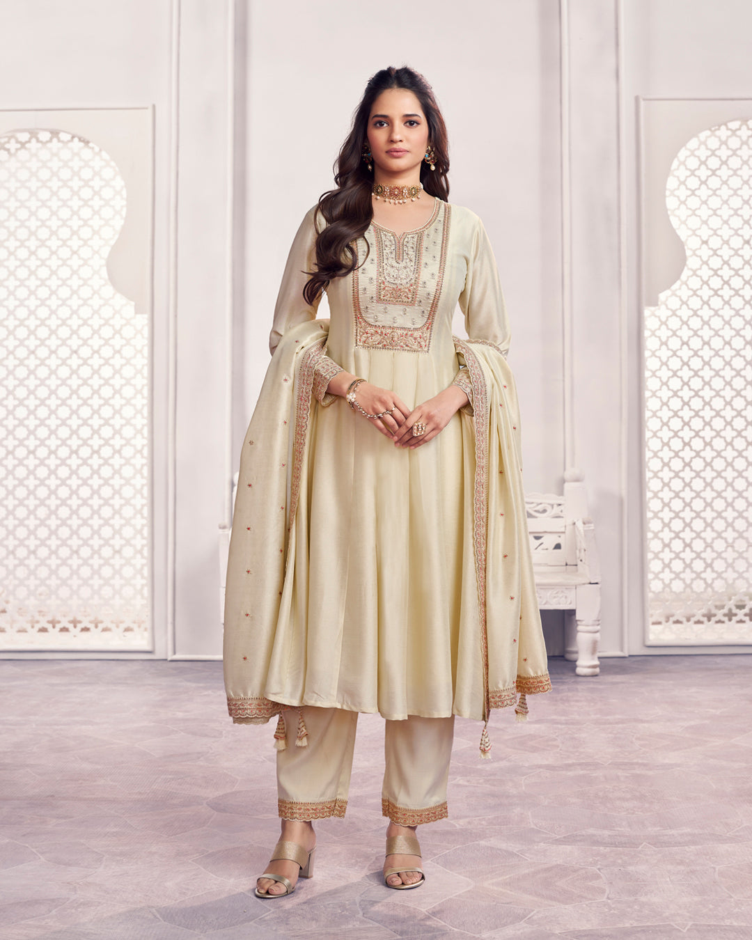Ivory Gilded Embellished Vichitra Silk Anarkali Set
