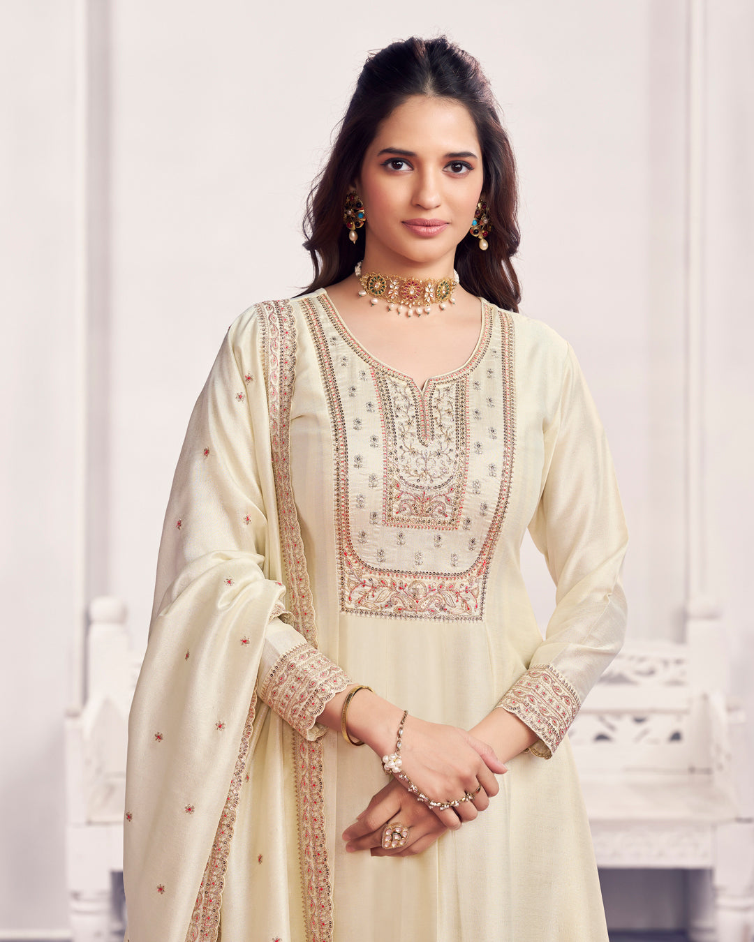 Ivory Gilded Embellished Vichitra Silk Anarkali Set