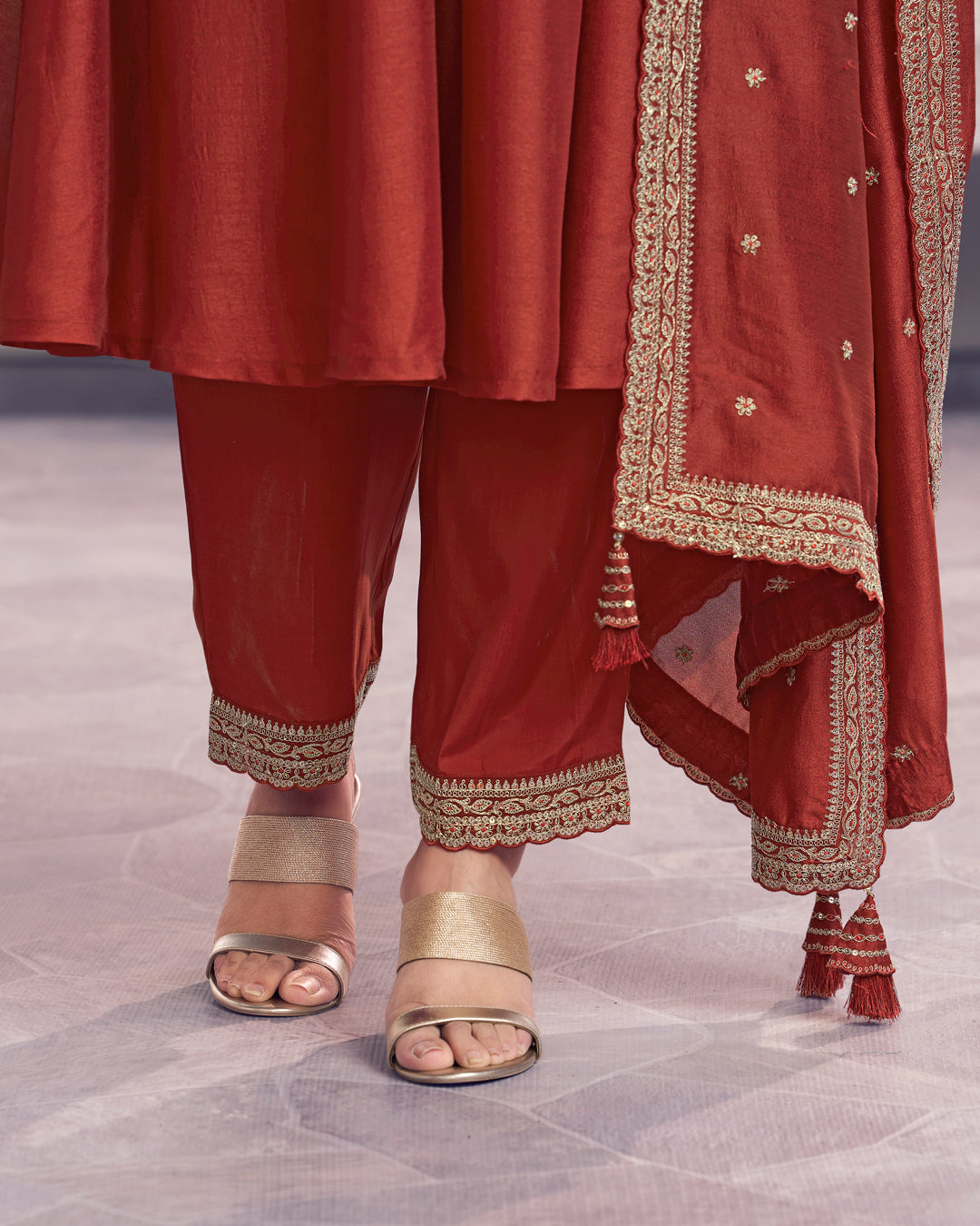 Terracotta Gilded Embellished Vichitra Silk Anarkali Set