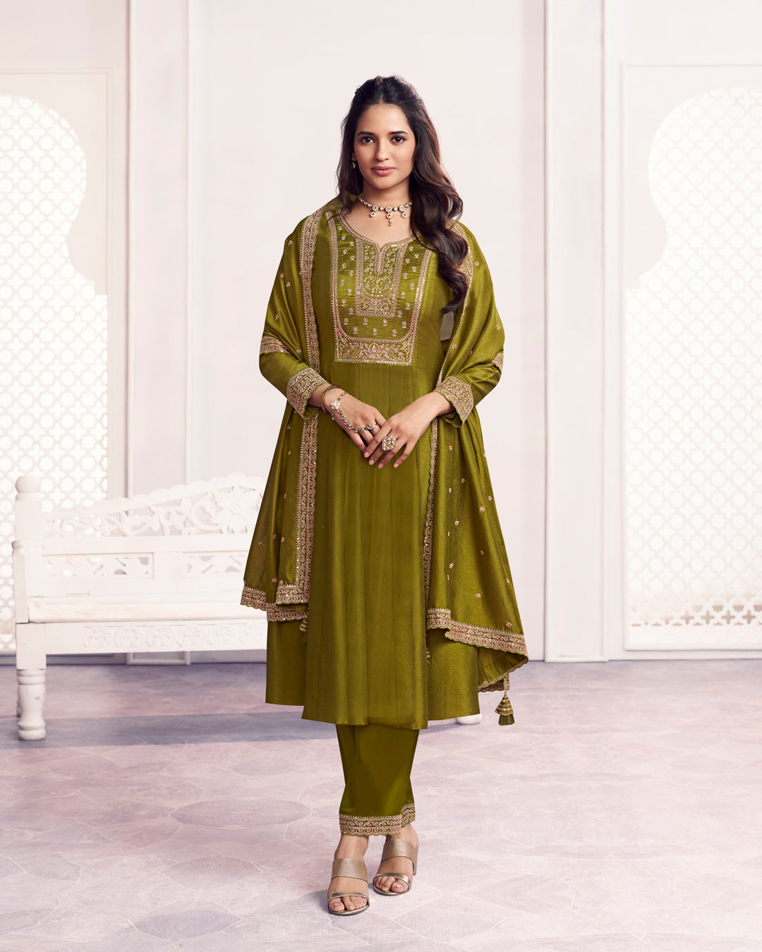 Moss Gilded Embellished Vichitra Silk Anarkali Set