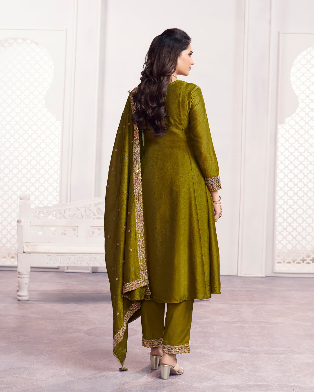 Moss Gilded Embellished Vichitra Silk Anarkali Set