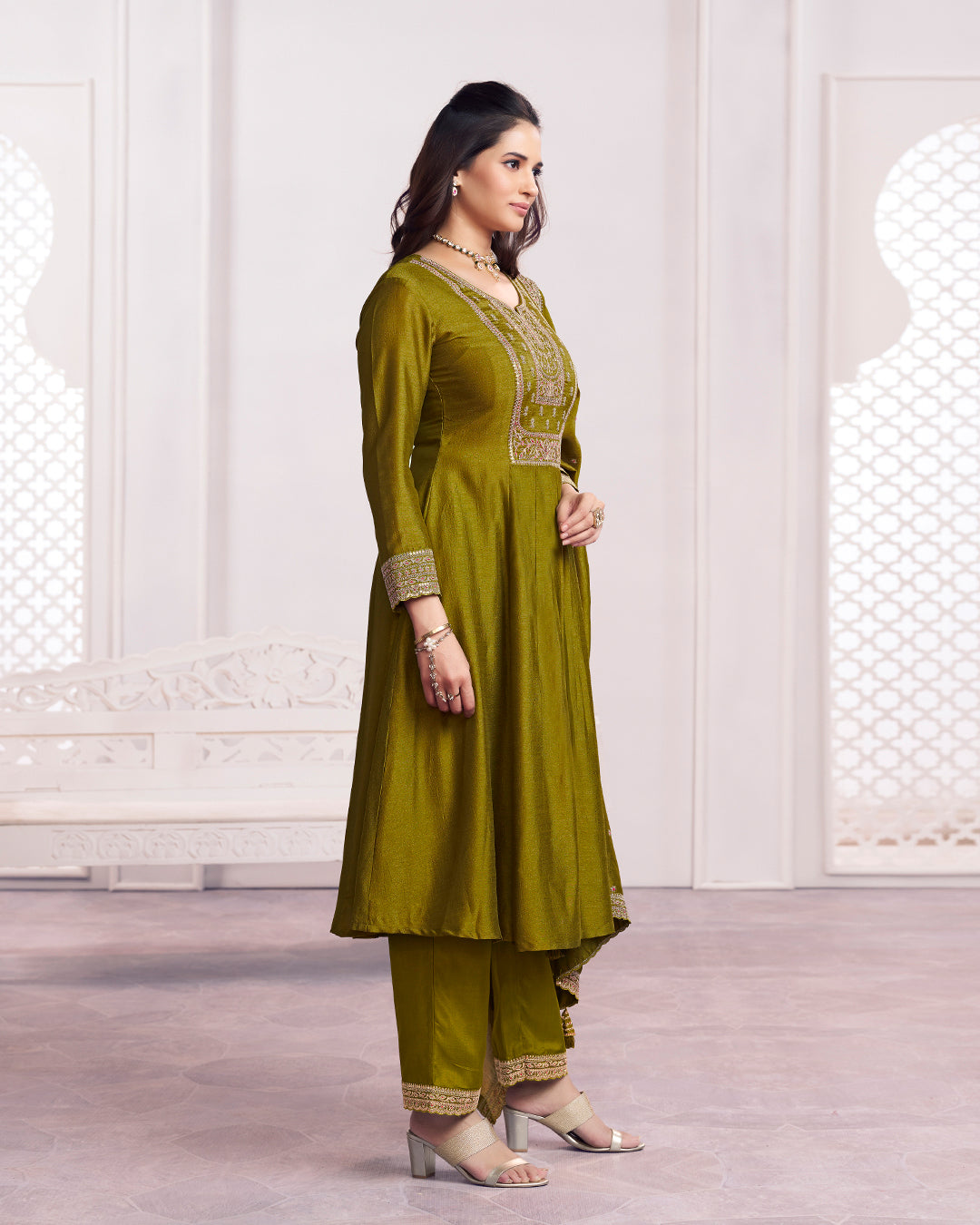 Moss Gilded Embellished Vichitra Silk Anarkali Set