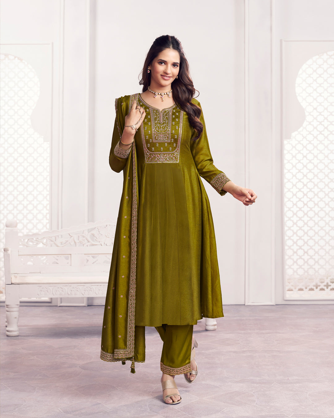 Moss Gilded Embellished Vichitra Silk Anarkali Set