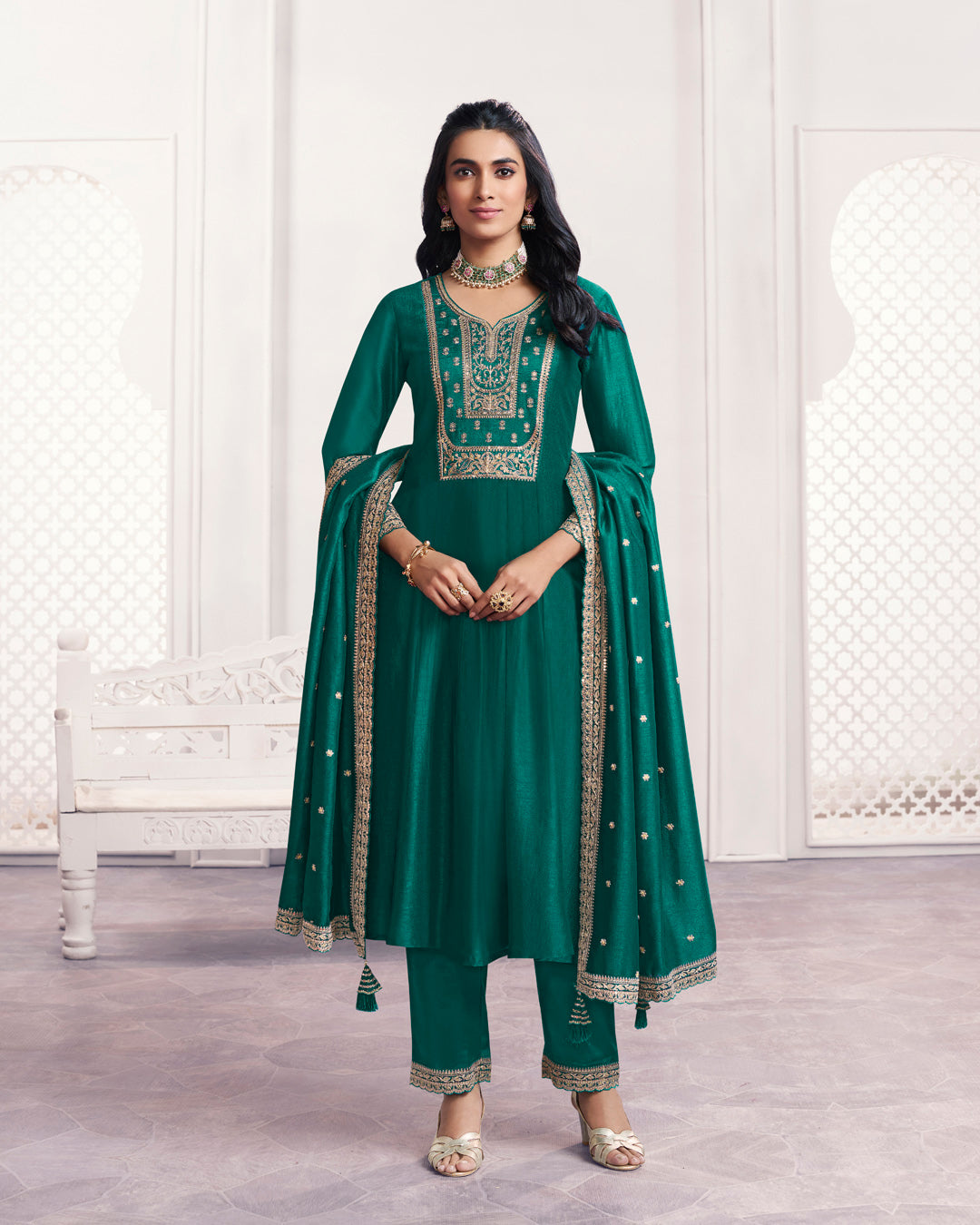 Teal Gilded Embellished Vichitra Silk Anarkali Set