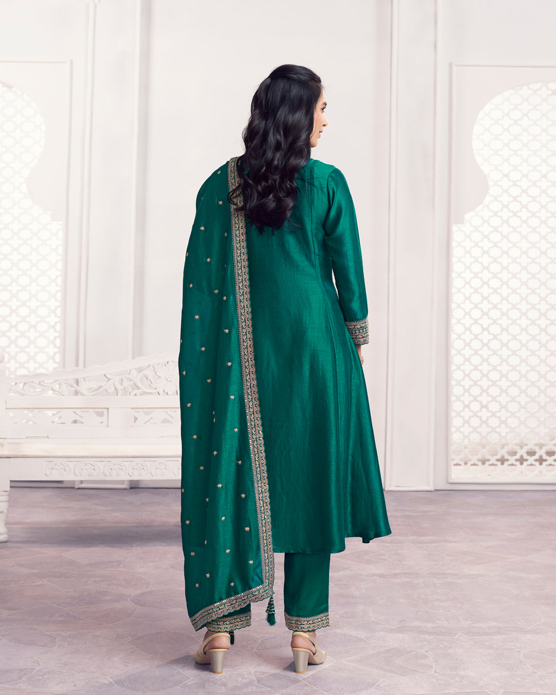 Teal Gilded Embellished Vichitra Silk Anarkali Set