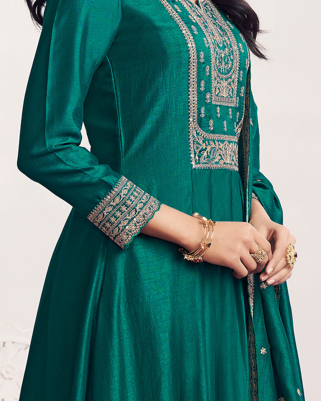 Teal Gilded Embellished Vichitra Silk Anarkali Set