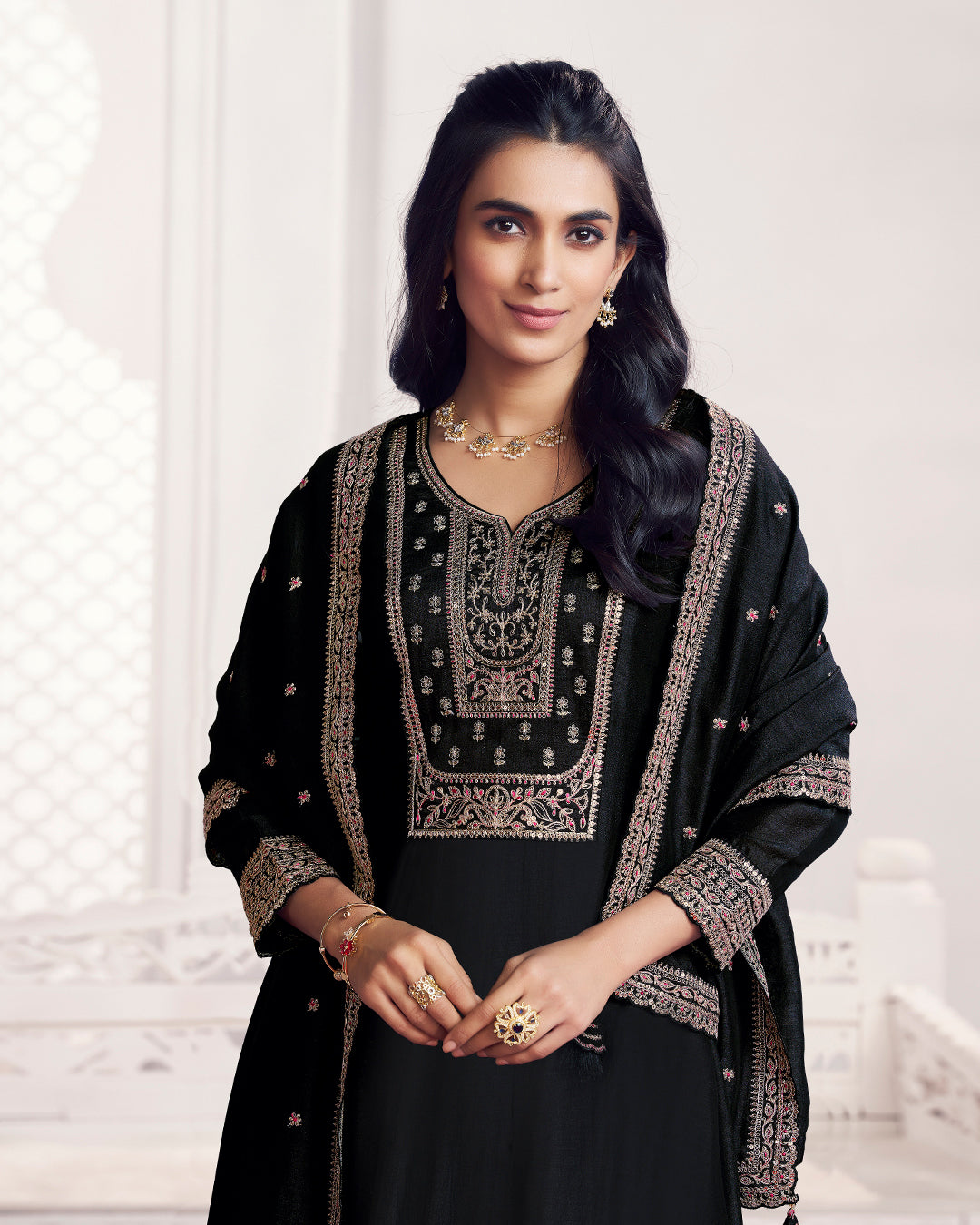 Onyx Gilded Embellished Vichitra Silk Anarkali Set