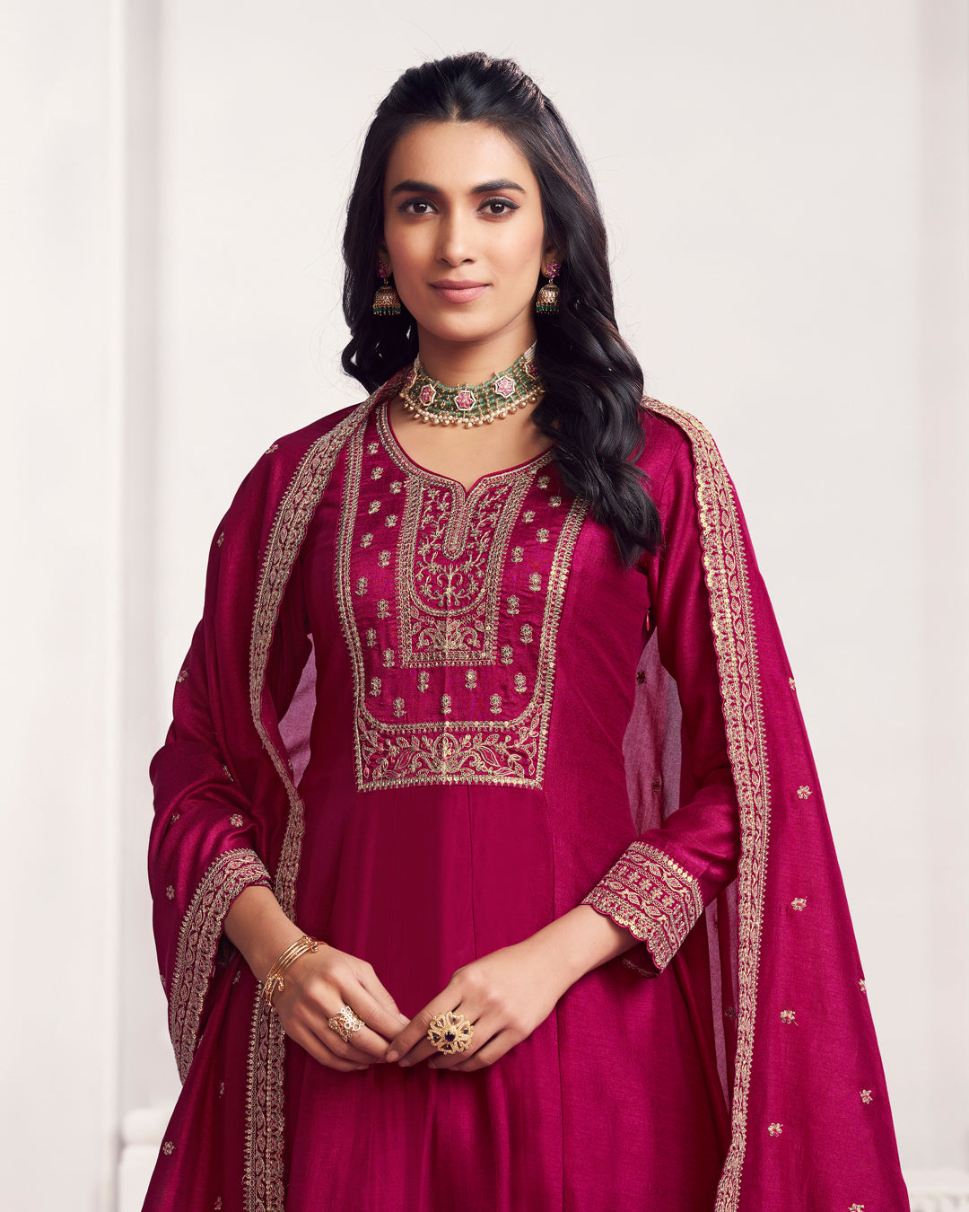 Wine Gilded Embellished Vichitra Silk Anarkali Set