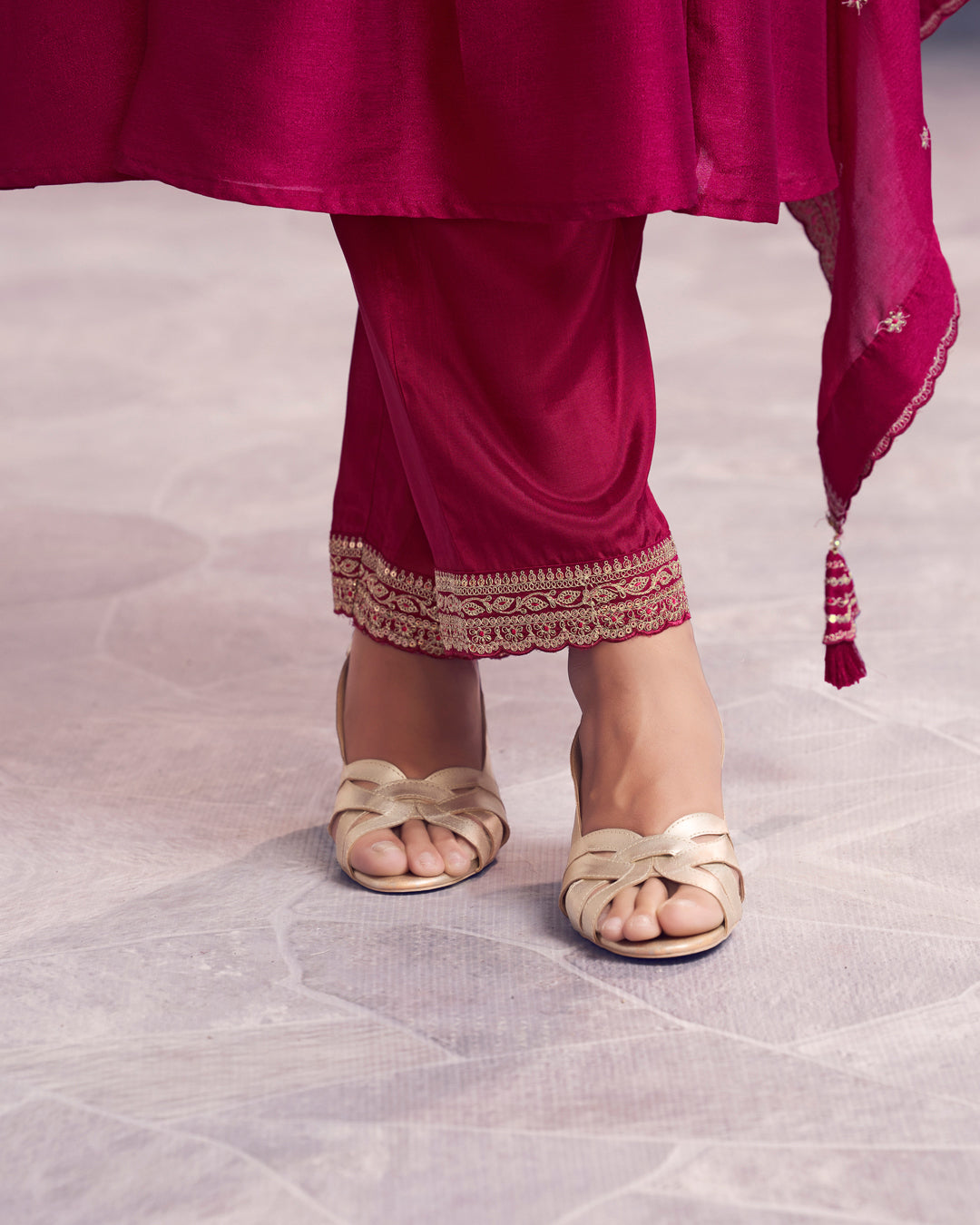 Wine Gilded Embellished Vichitra Silk Anarkali Set