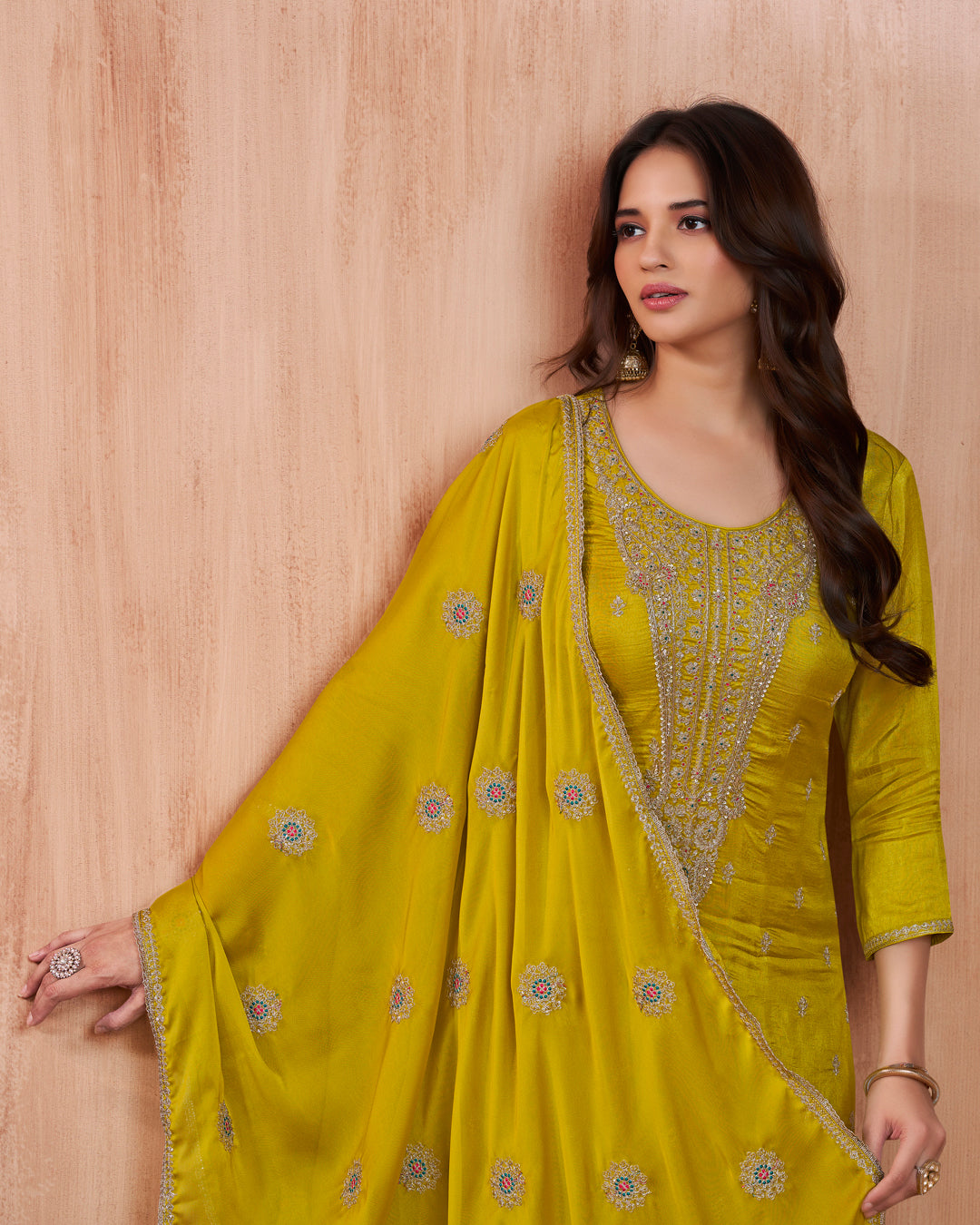 Citrine Bloom Embellished Vichitra Silk Pant Set