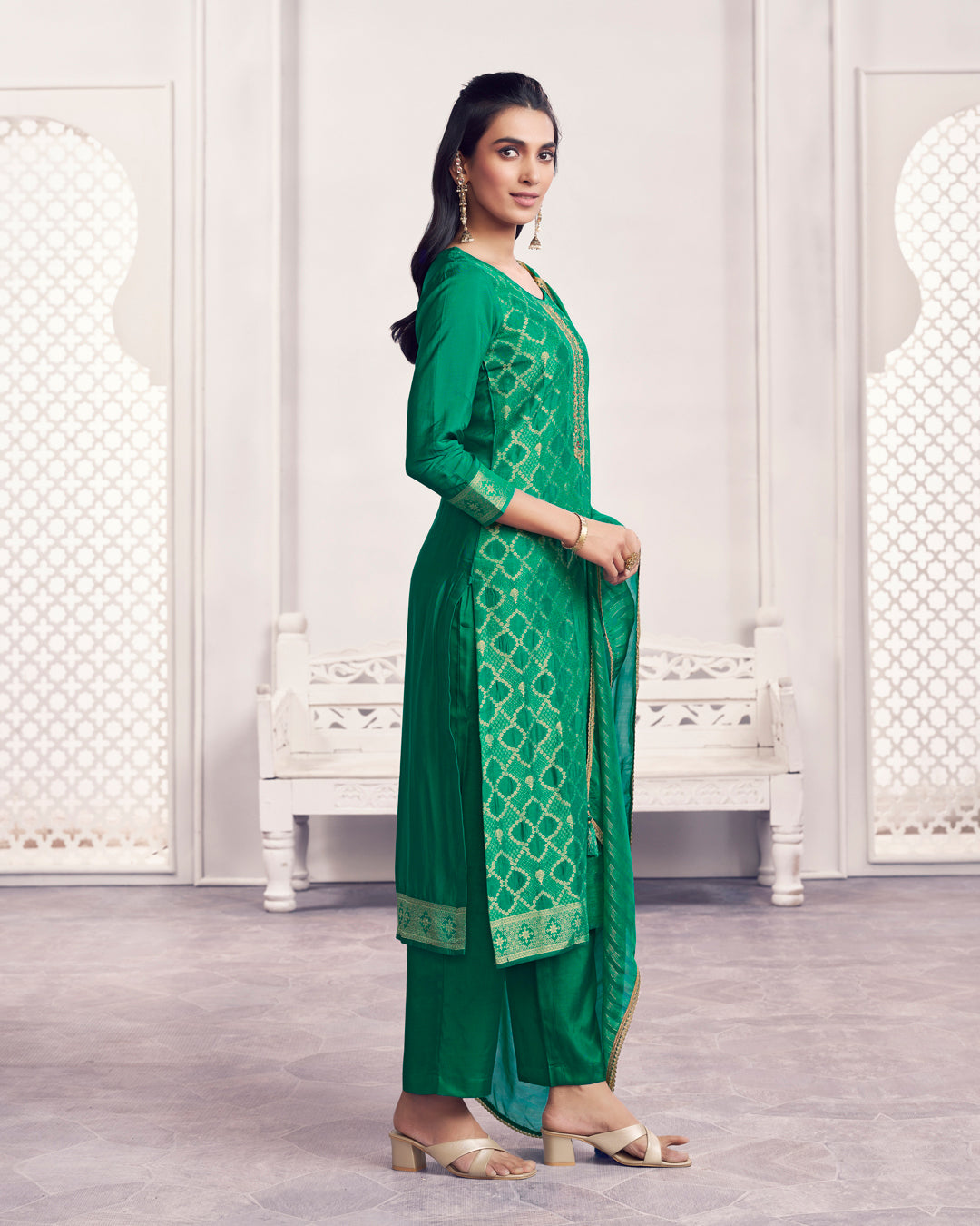 Jade Glow Embellished Chiniya Silk Pant Set