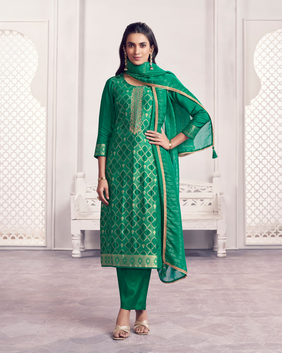 Jade Glow Embellished Chiniya Silk Pant Set