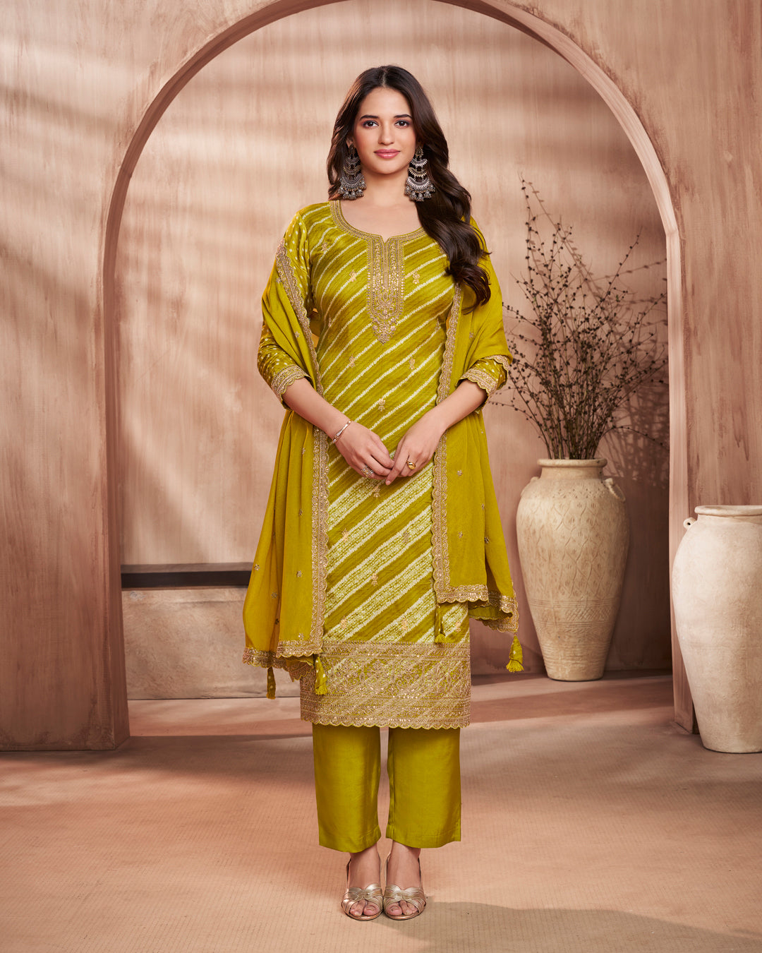 Olive Grace Embellished Dola Silk Pant Set