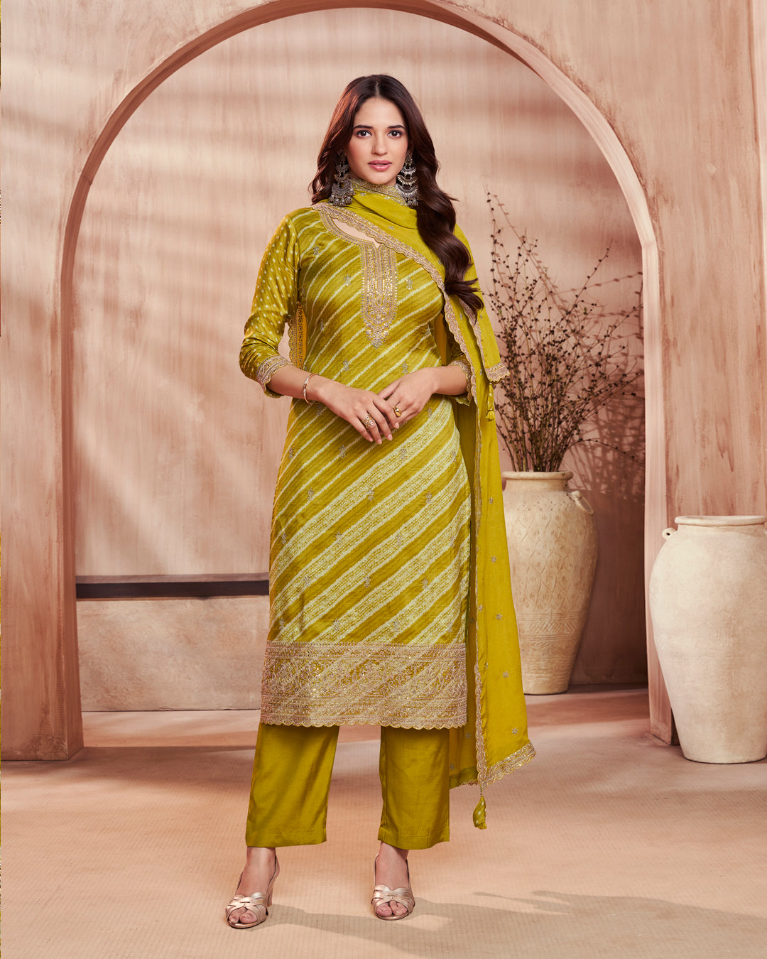Olive Grace Embellished Dola Silk Pant Set