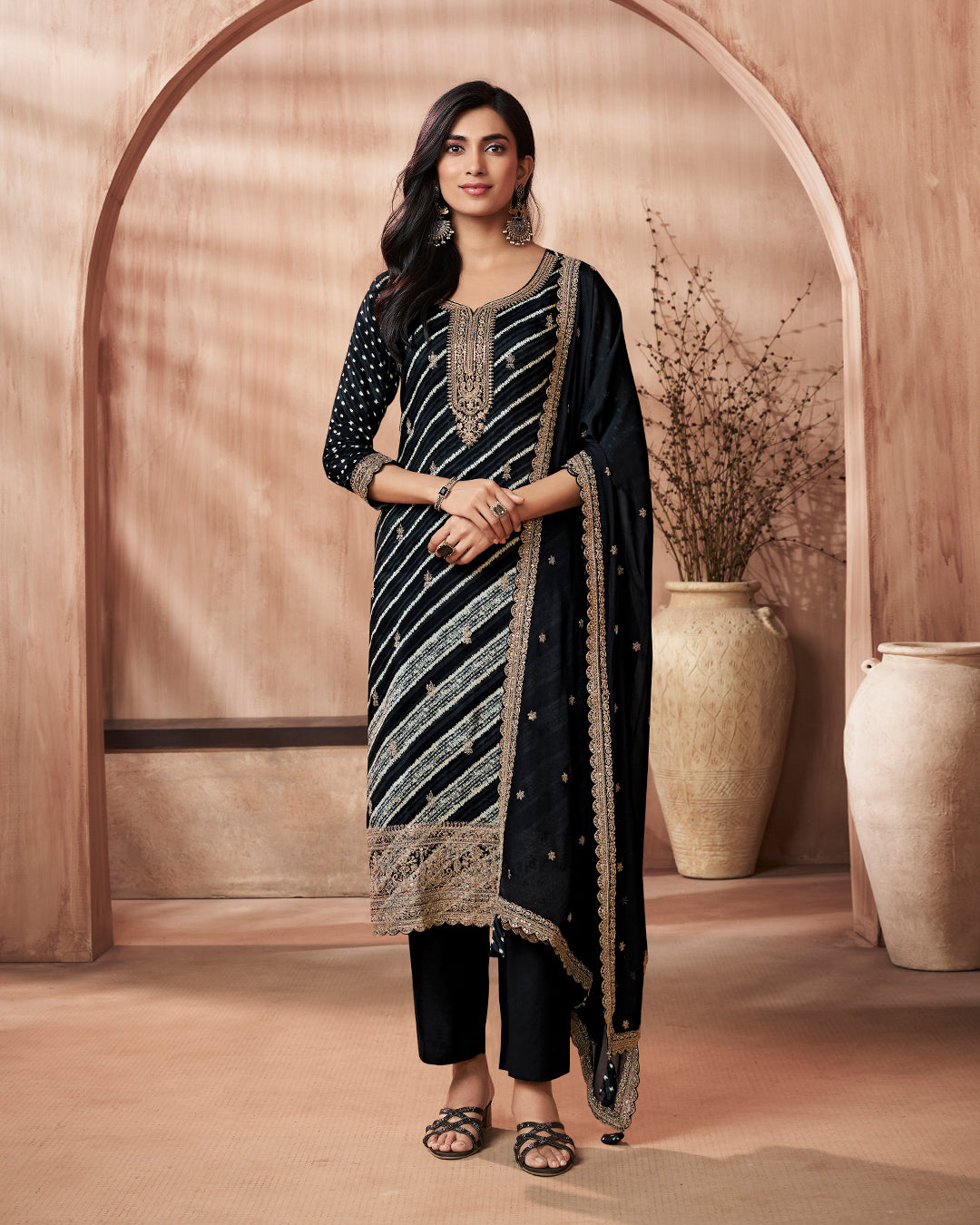 Onyx Grace Embellished Dola Silk Pant Set