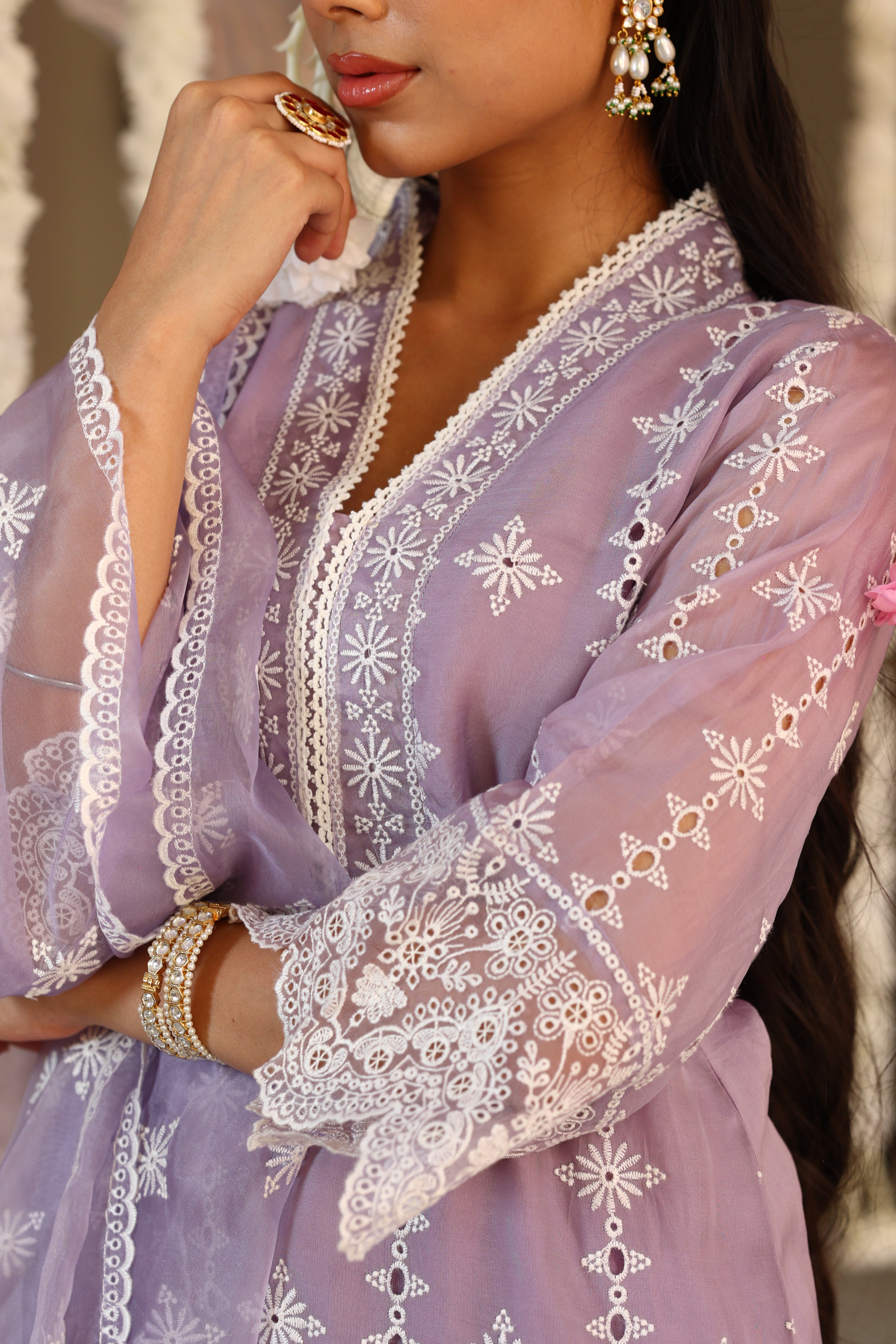 Lilac Chikankari Organza Silk Kurta Set