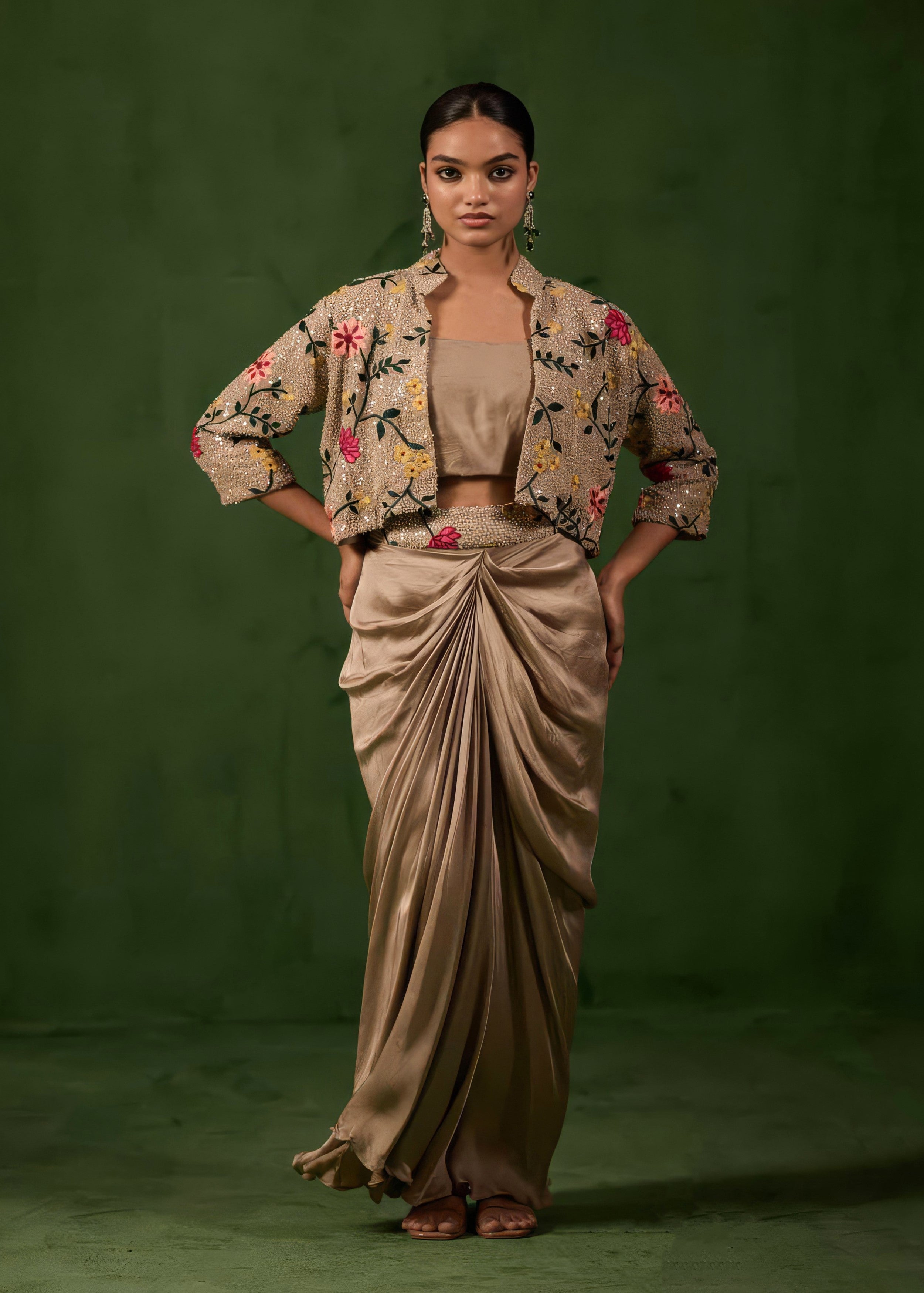 Desert Brown Embellished Satin Silk Skirt Set
