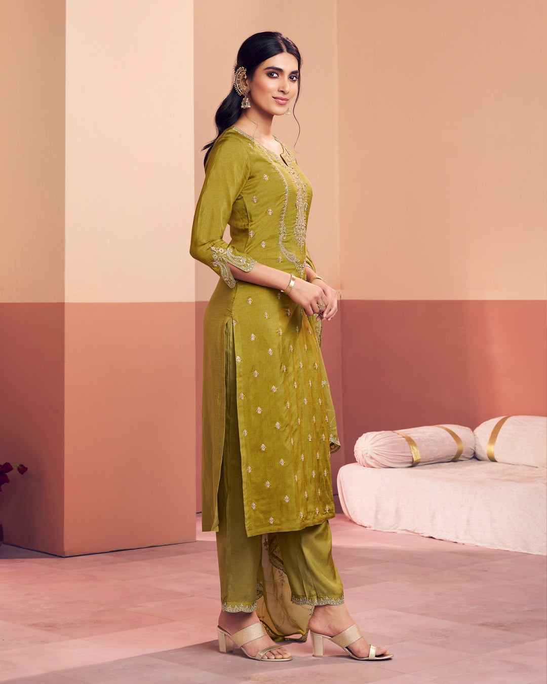Olive Muse Embellished Dola Silk Pant Set