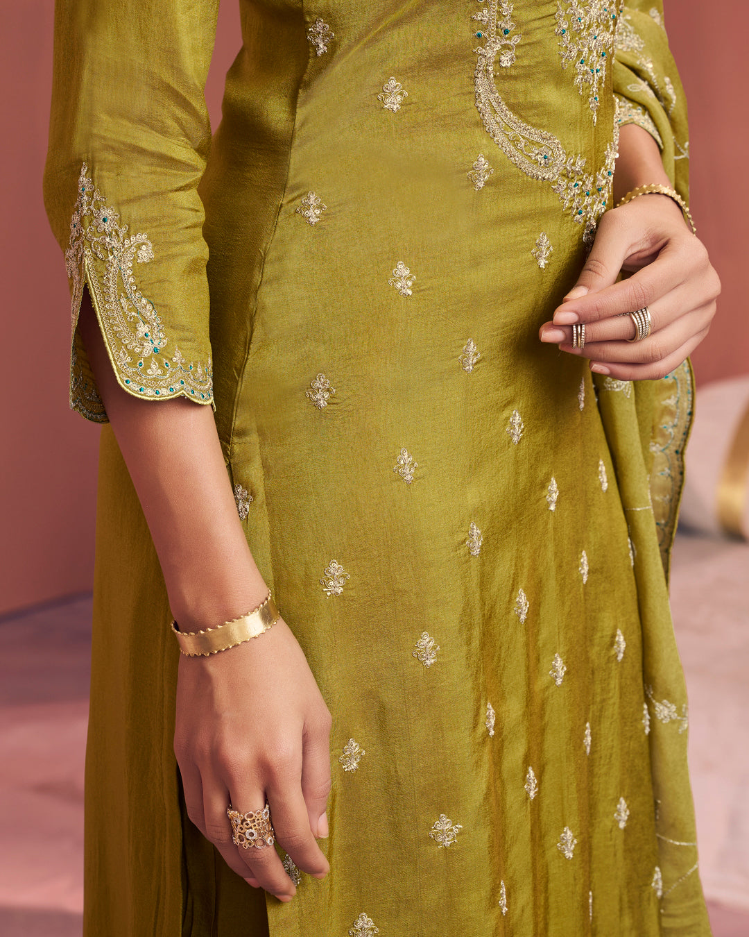 Olive Muse Embellished Dola Silk Pant Set