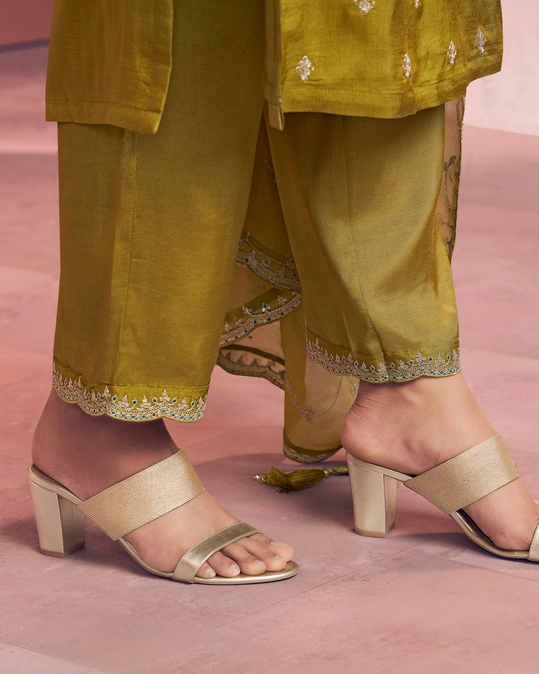 Olive Muse Embellished Dola Silk Pant Set