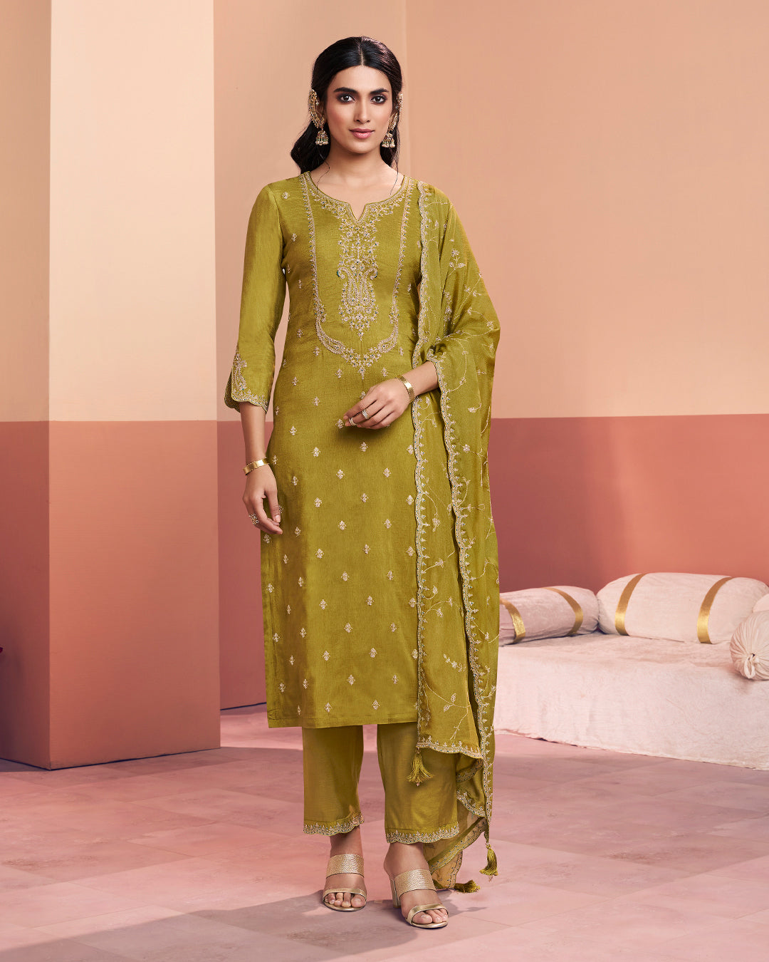 Olive Muse Embellished Dola Silk Pant Set