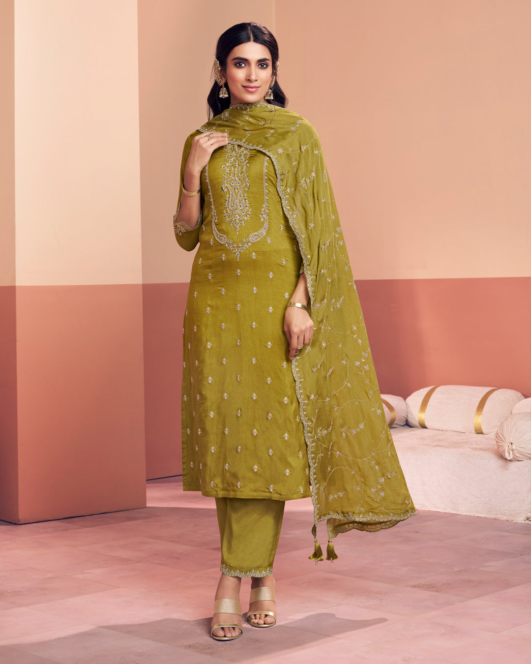 Olive Muse Embellished Dola Silk Pant Set