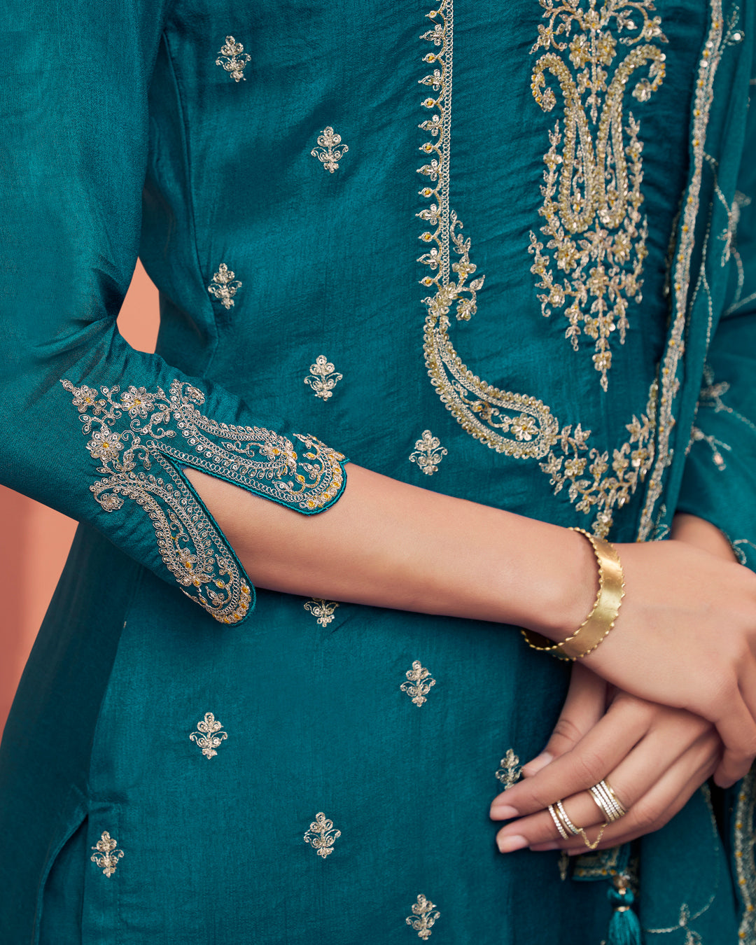 Teal Muse Embellished Dola Silk Pant Set