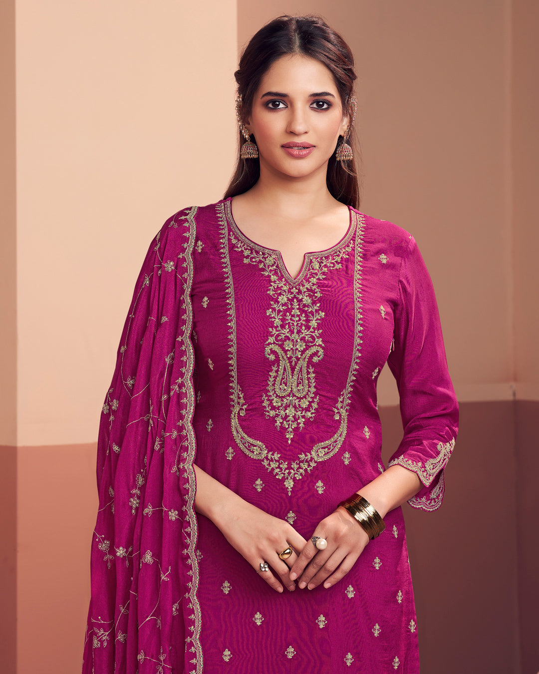 Magenta Muse Embellished Dola Silk Pant Set
