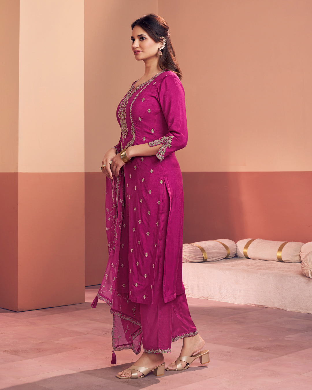 Magenta Muse Embellished Dola Silk Pant Set