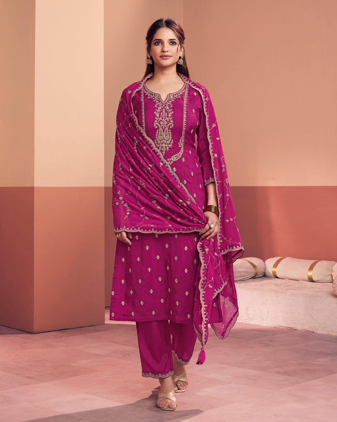 Magenta Muse Embellished Dola Silk Pant Set