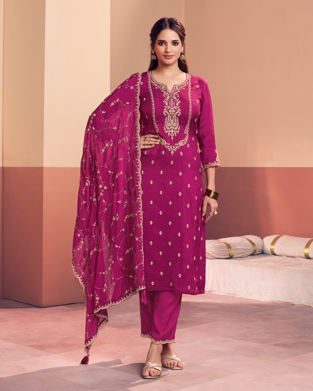 Magenta Muse Embellished Dola Silk Pant Set