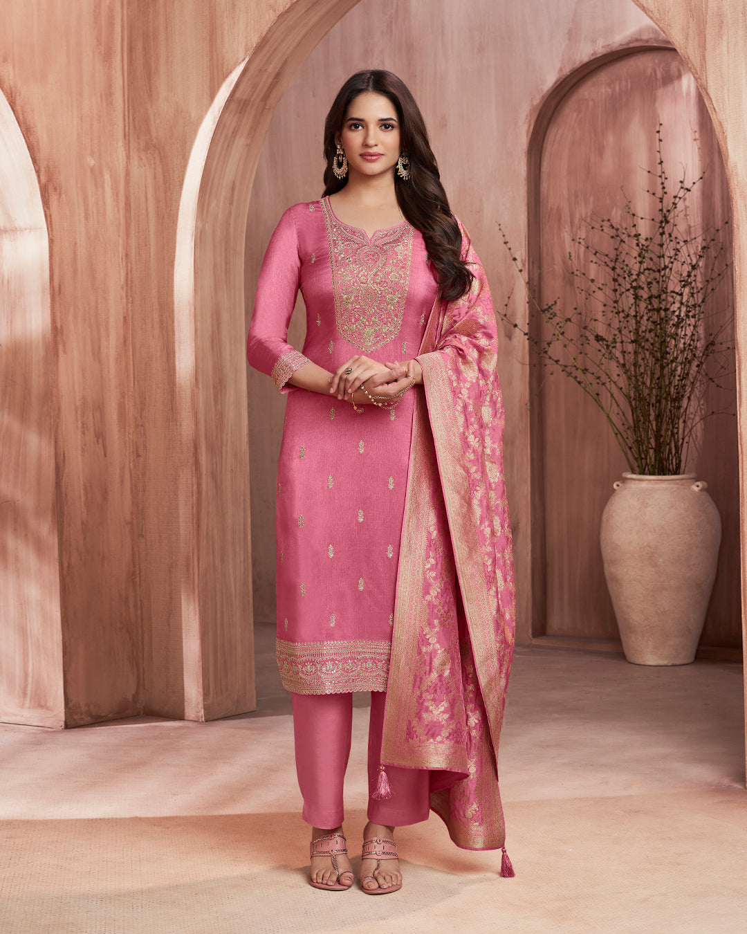 Rose Allure Embellished Dola Silk Pant Set
