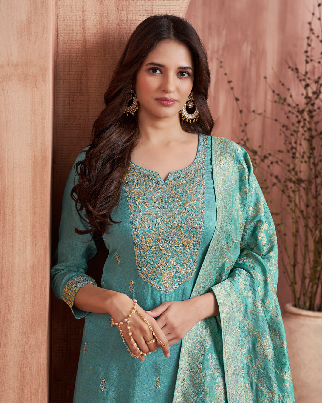 Seafoam Allure Embellished Dola Silk Pant Set